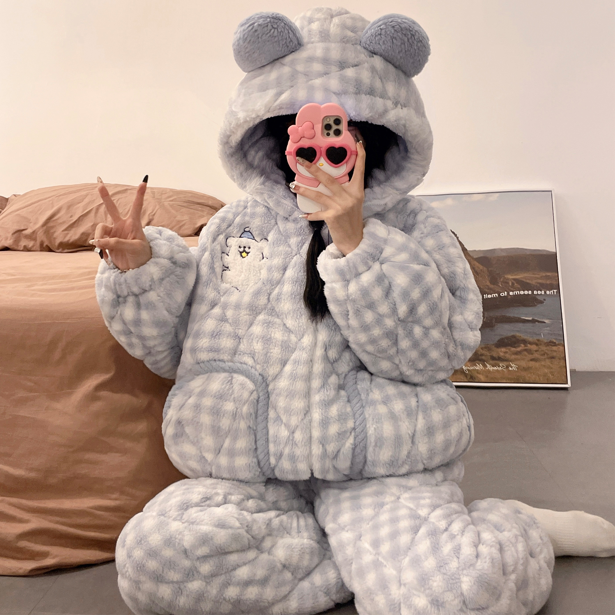 珊瑚绒三层夹棉袄睡衣女款秋冬季法兰绒加厚加绒保暖家居服套装