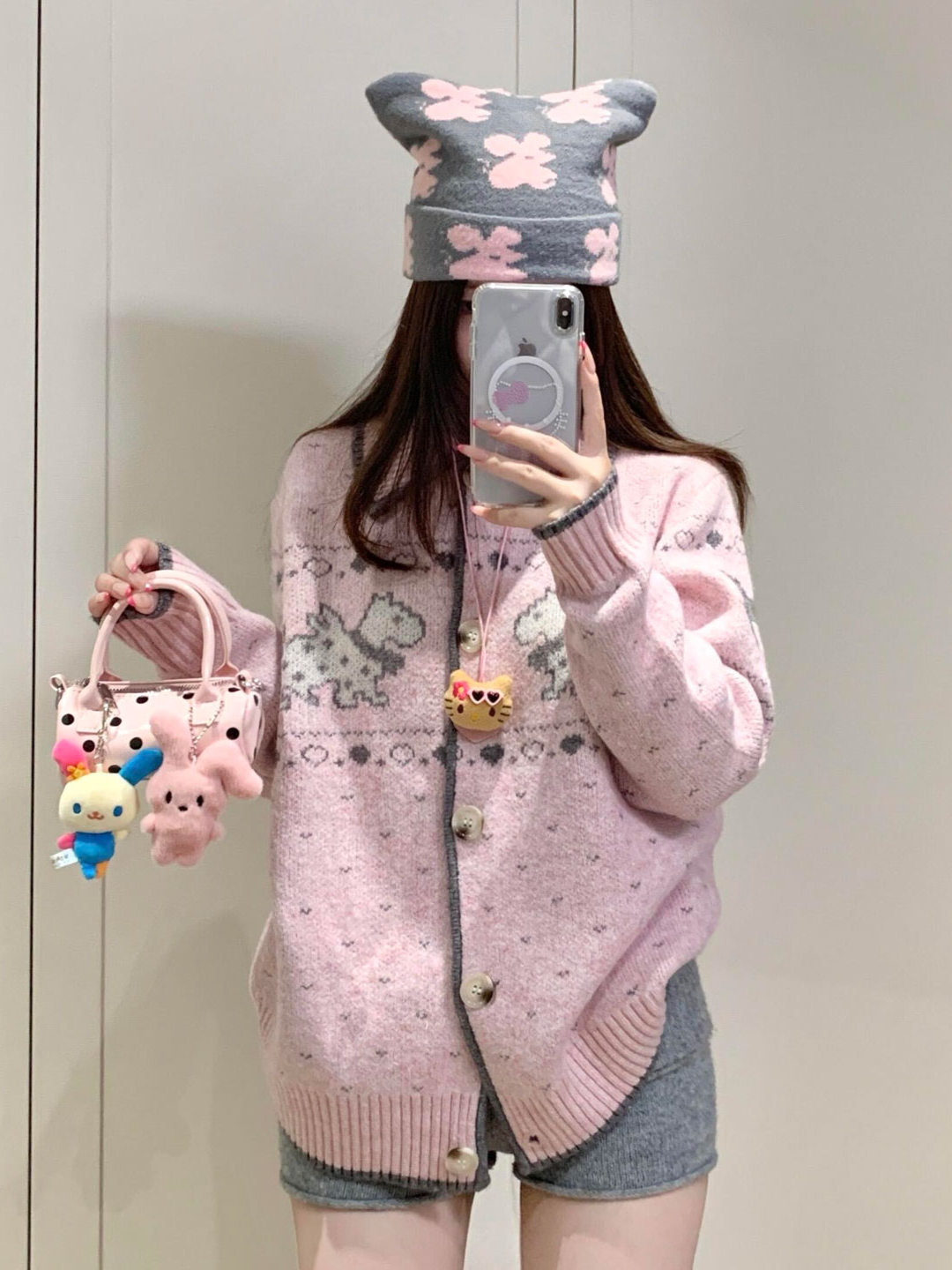 费尔岛小狗提花翻领毛衣外套女秋冬宽松慵懒风高级感针织开衫上衣