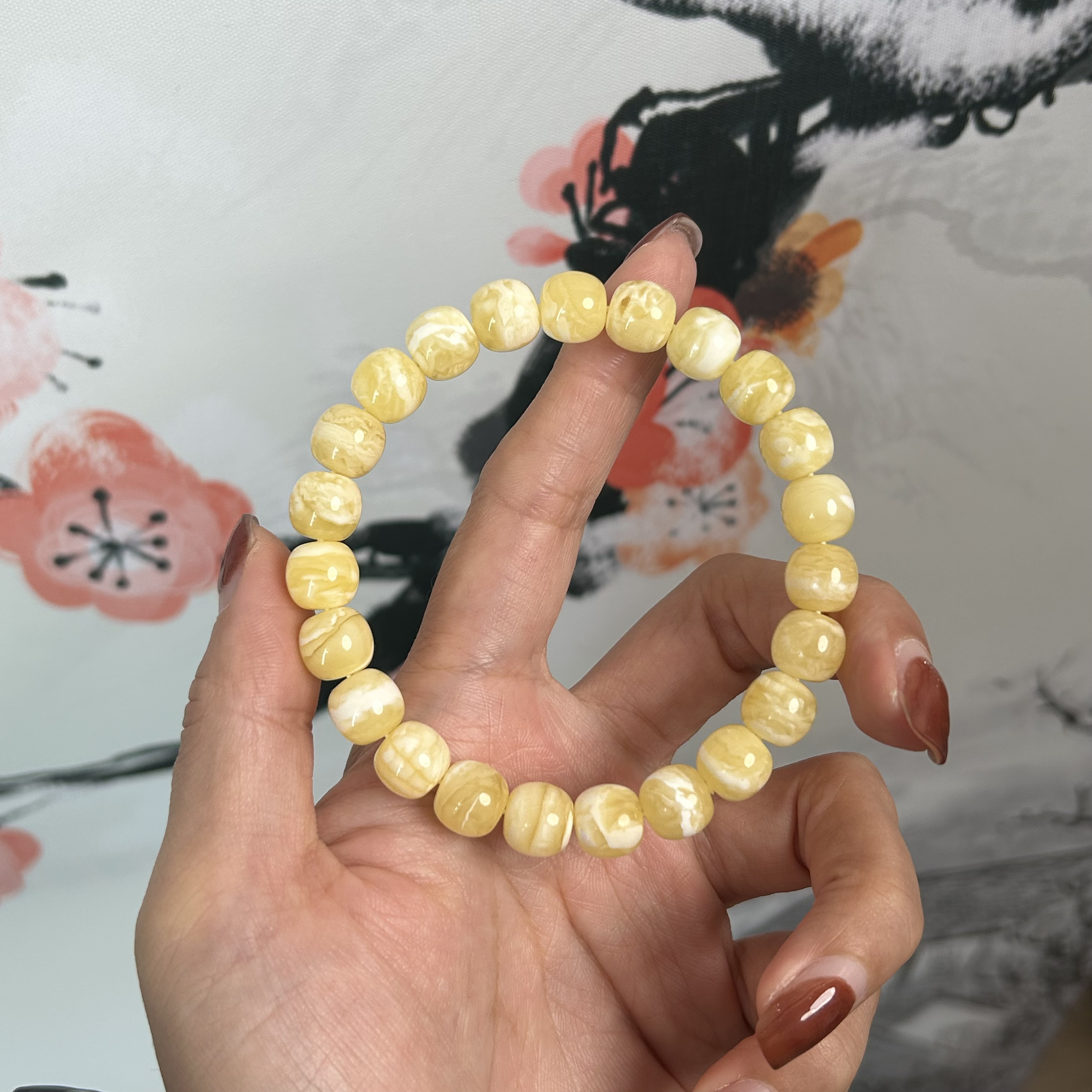 天然原矿 9.5mm 白花一线天虎皮纹蜜蜡手串