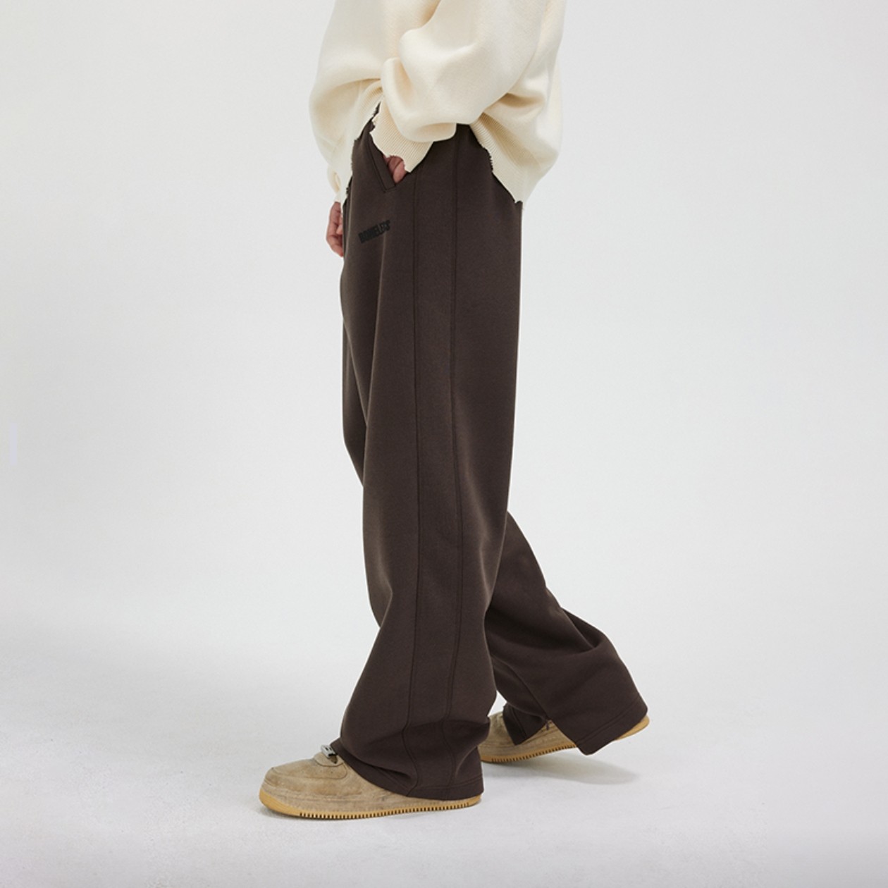 D02-52356-BON侧边拼接分割抽绳复古美式脚拉链直筒休闲裤