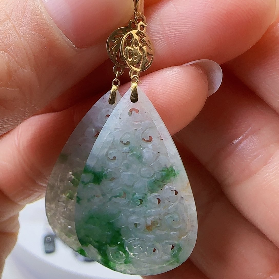 翡翠耳饰18K金镶嵌天然缅甸a货翡翠