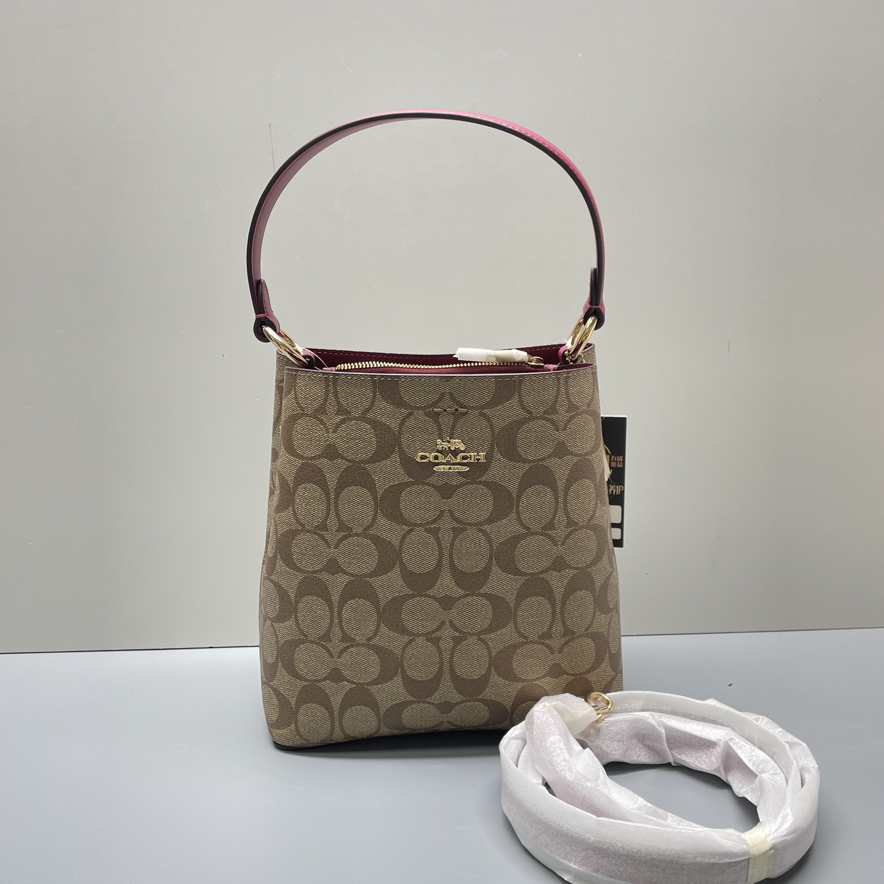 99新 COACH/蔻驰 town粉拼老花小水桶20*22*10cmEM111308单肩斜跨