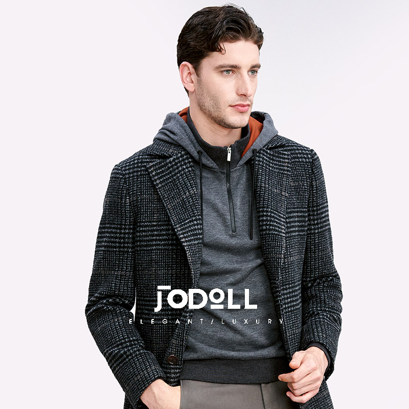 JODOLL乔顿羊毛大衣男士韩版潮流休闲翻领中长款格纹冬季毛呢外套