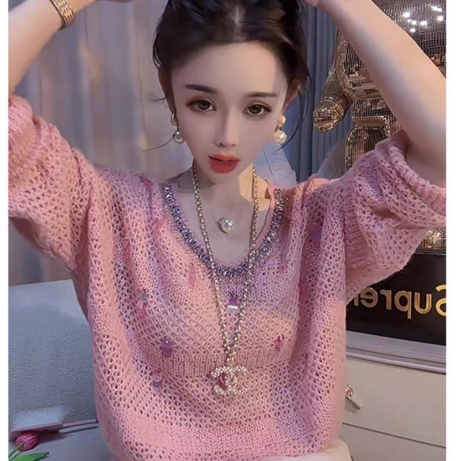 2025春秋新款氛围感女潮镂空钉珠亮片设计感宽松百搭薄款毛衣