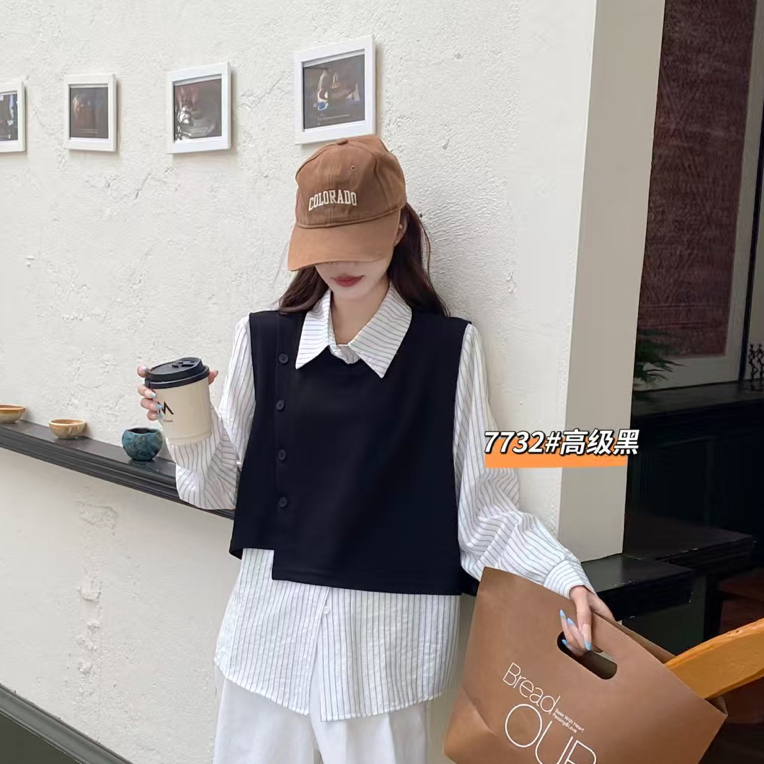 时尚条纹拼接真两件女士秋季百搭休闲翻领衬衣