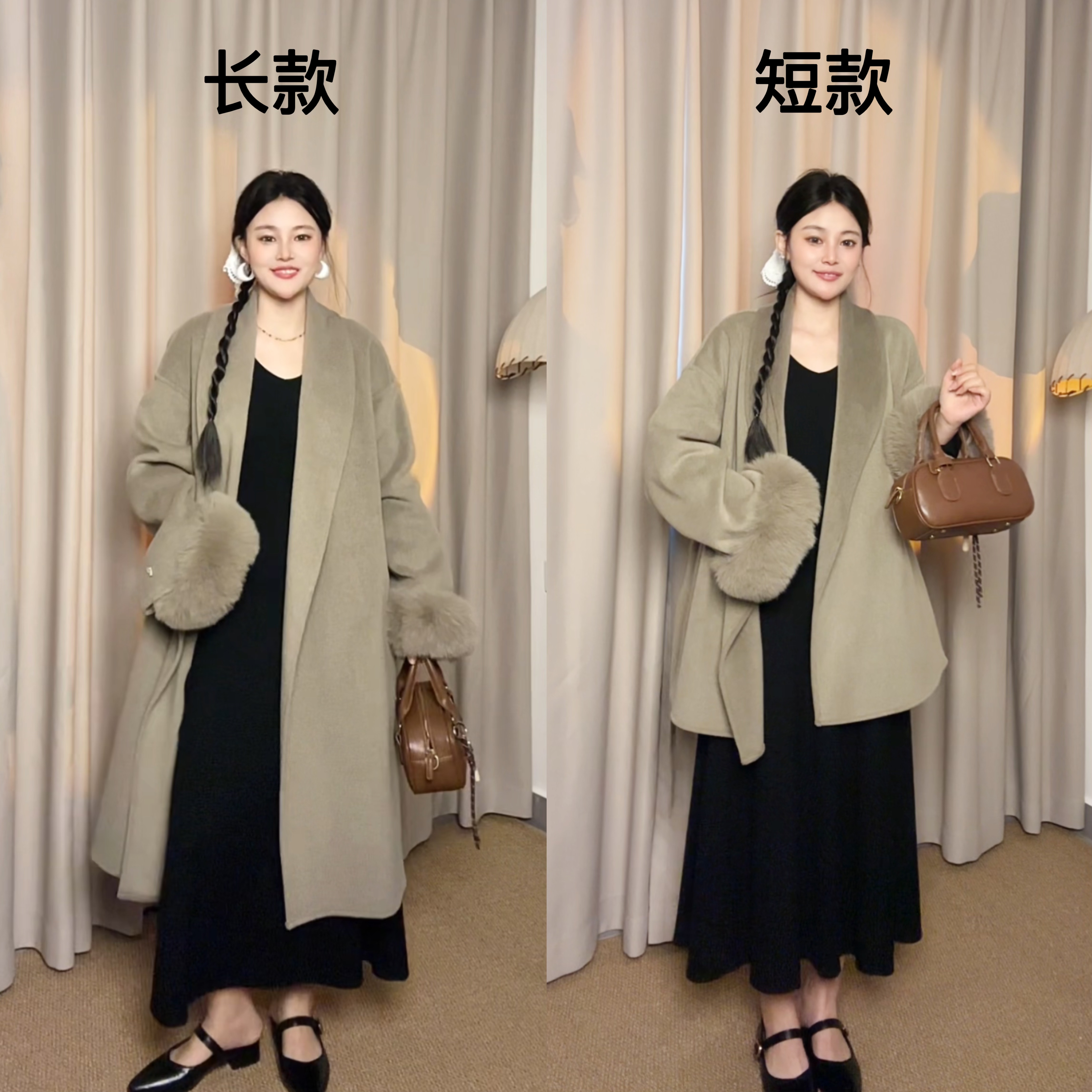 【两只鱼】单版自带贵气感 反季双面呢羊毛大衣+同色系毛领001