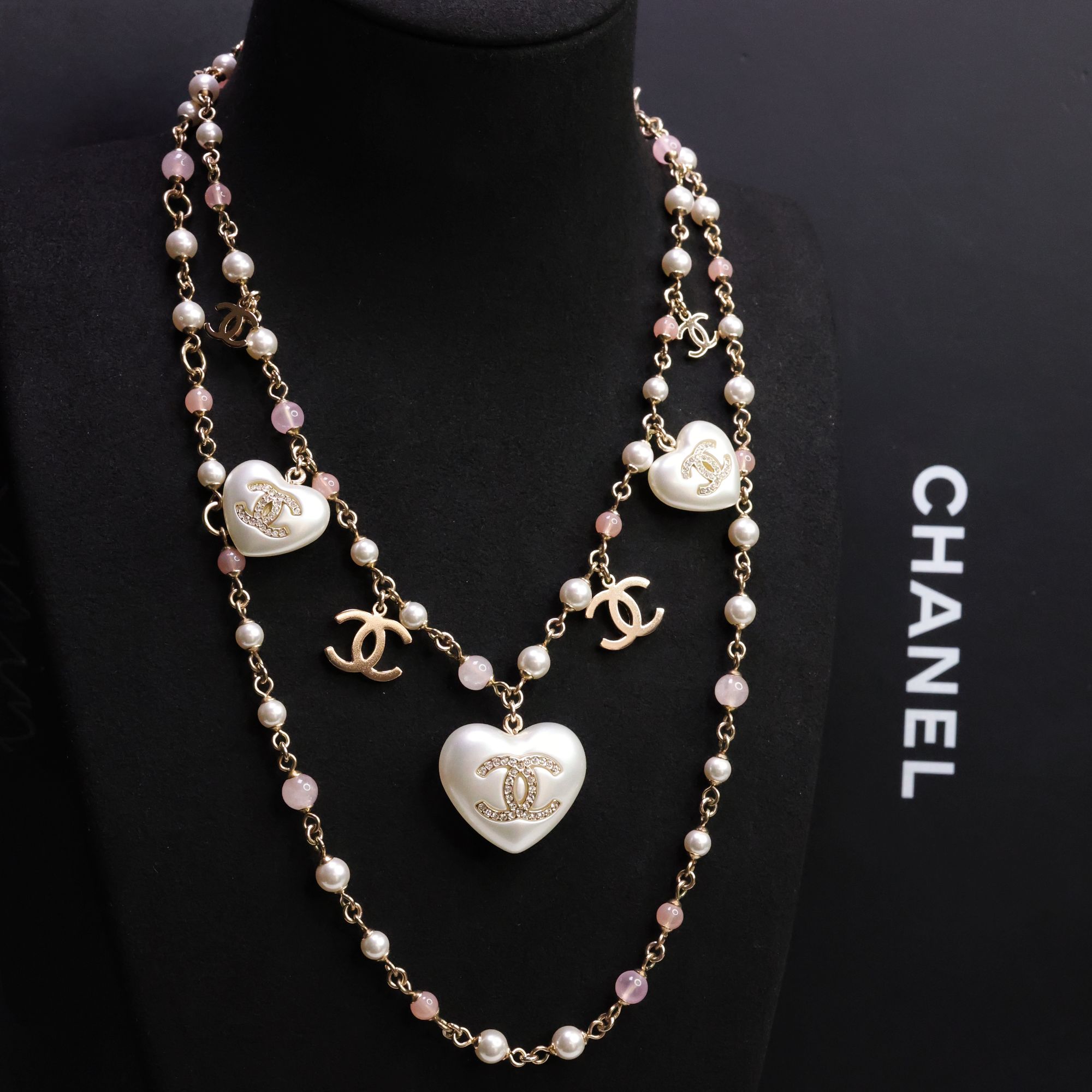 未使用 Chanel/香奈儿 粉珠白爱心双C长款项链 腰链 06088