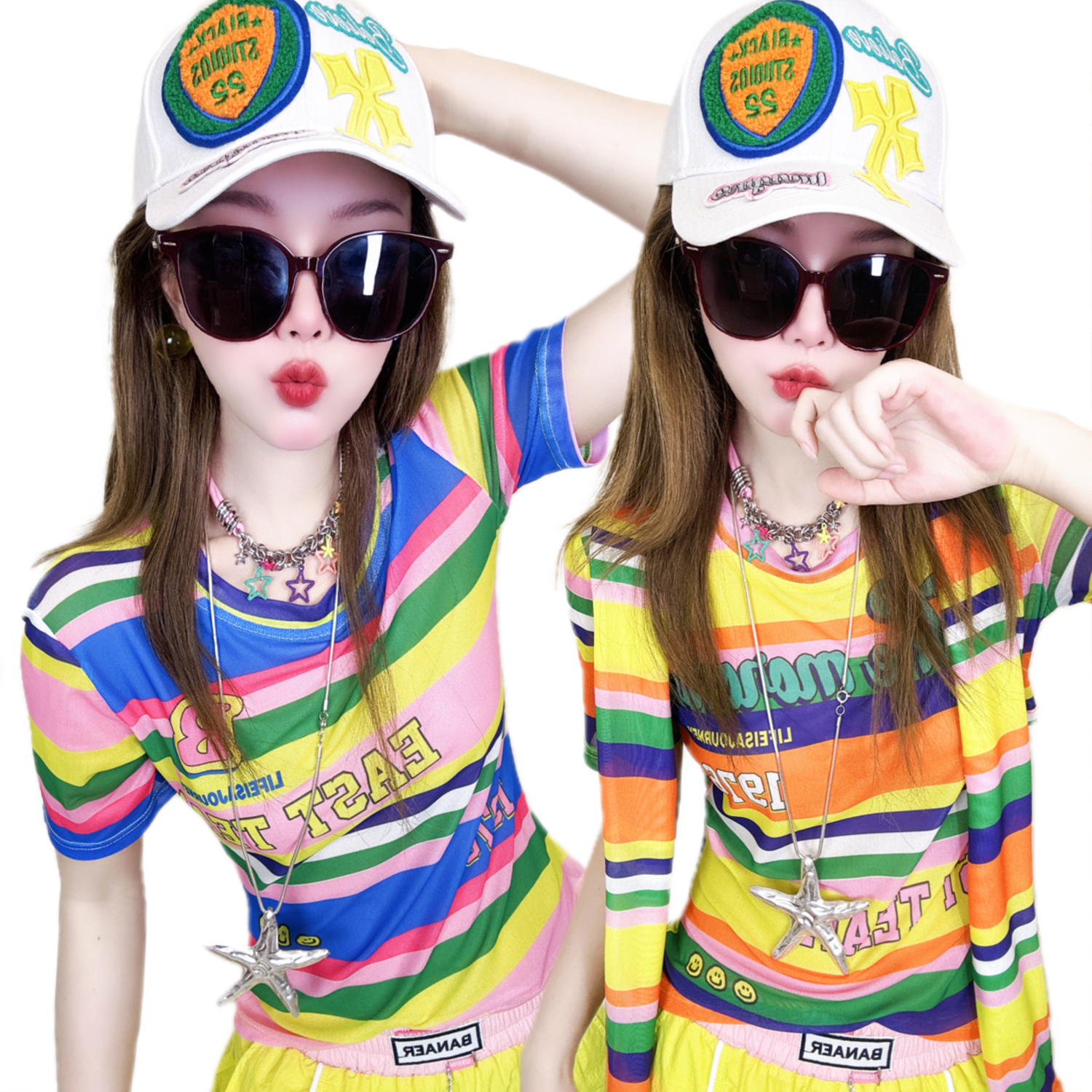 A360夏装新品原创潮牌修身显瘦时尚个性减龄彩色网纱短袖T恤女