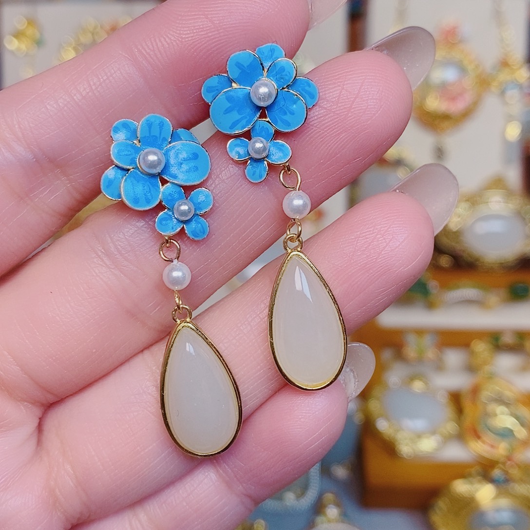 和田玉银S925镀金镶嵌耳饰