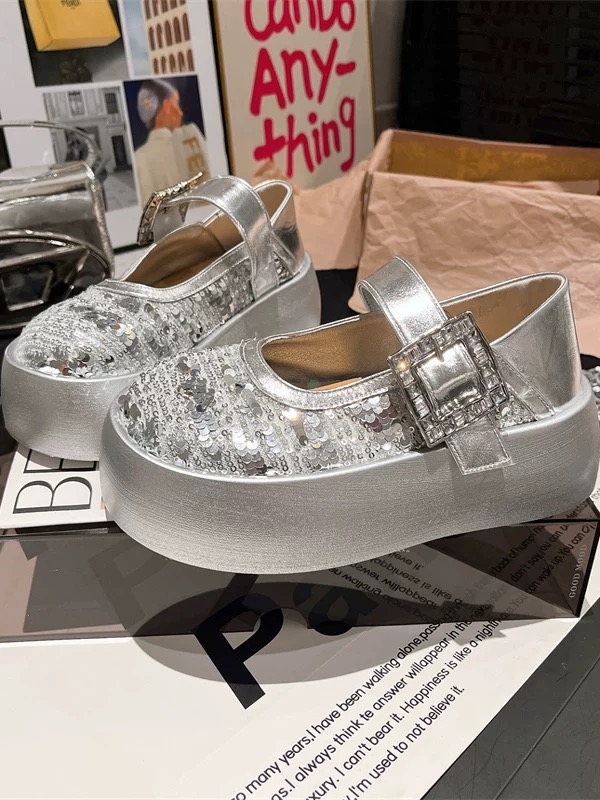 228-31网纱亮片玛丽珍鞋女2025年新款水钻魔术贴厚底休闲面包鞋