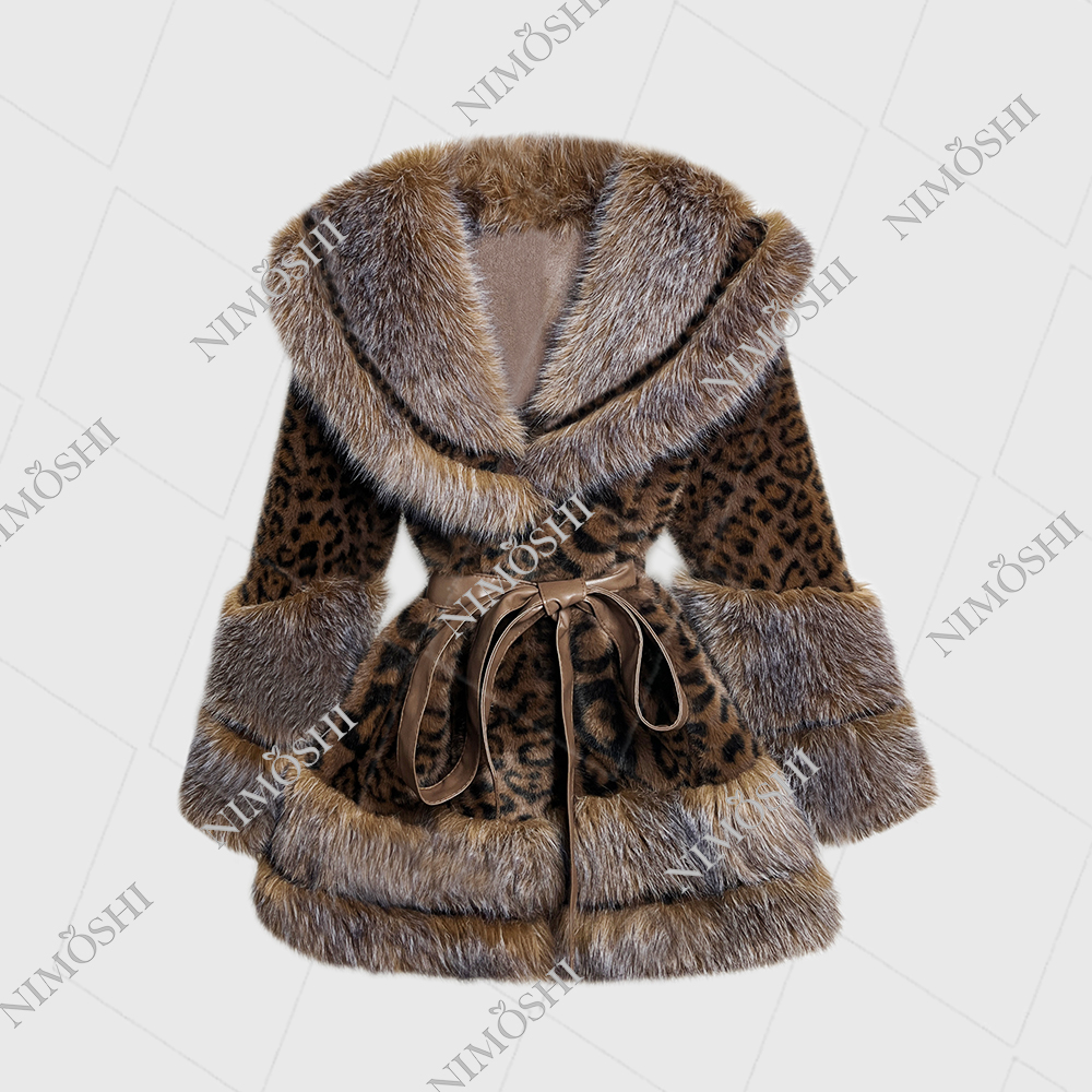  NIMðSHI【娴儿专属】韩系豹纹腰带收身轻奢时尚百搭毛毛外套 L5132