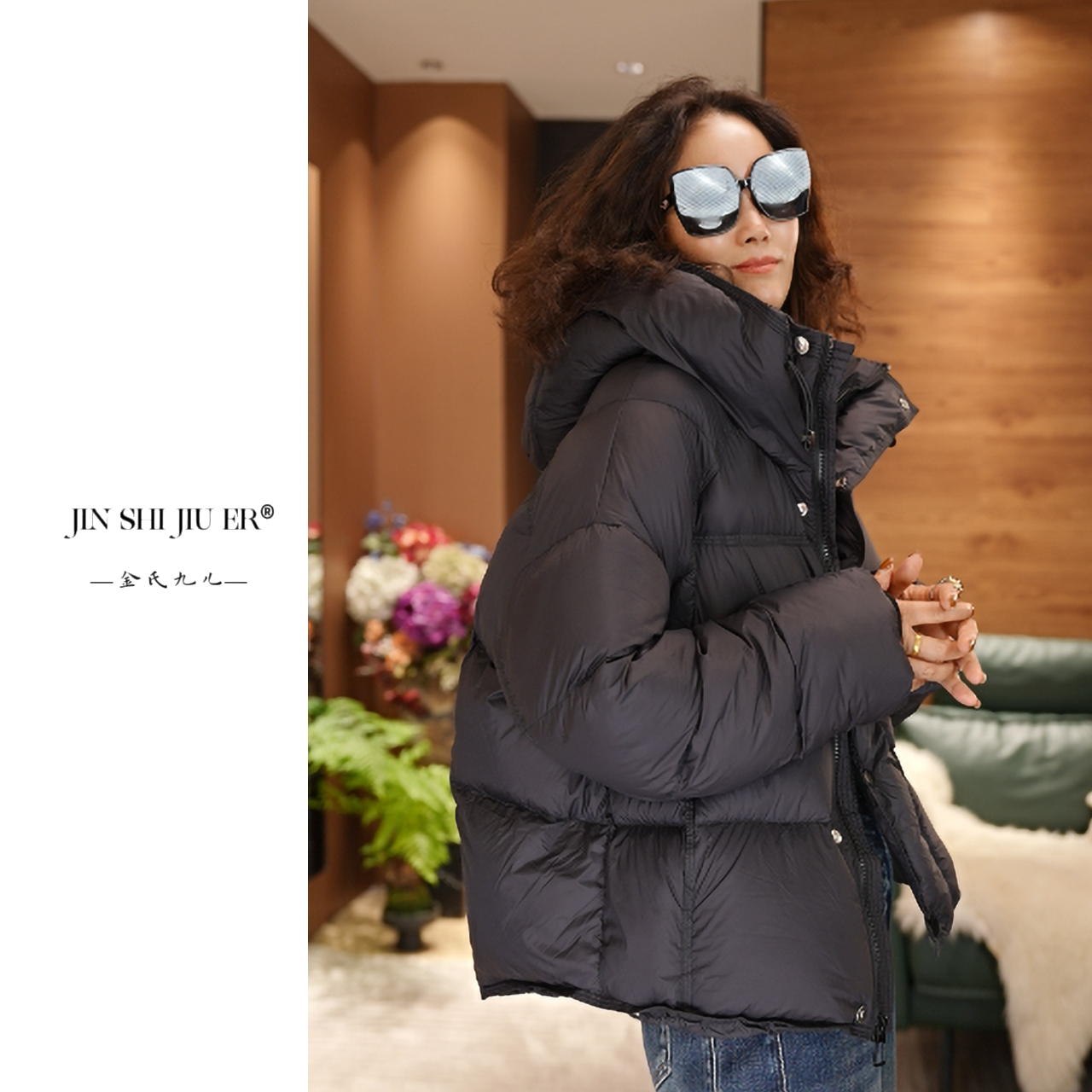 JIUER蓬蓬泡芙感拉链纯色保暖羽绒服 时尚休闲加厚冬季8821