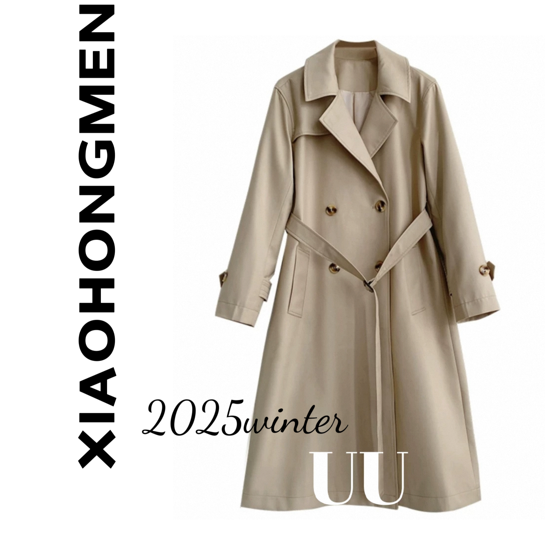 B905  2025秋冬宽松ins长款双排扣气质经典简约风衣外套女