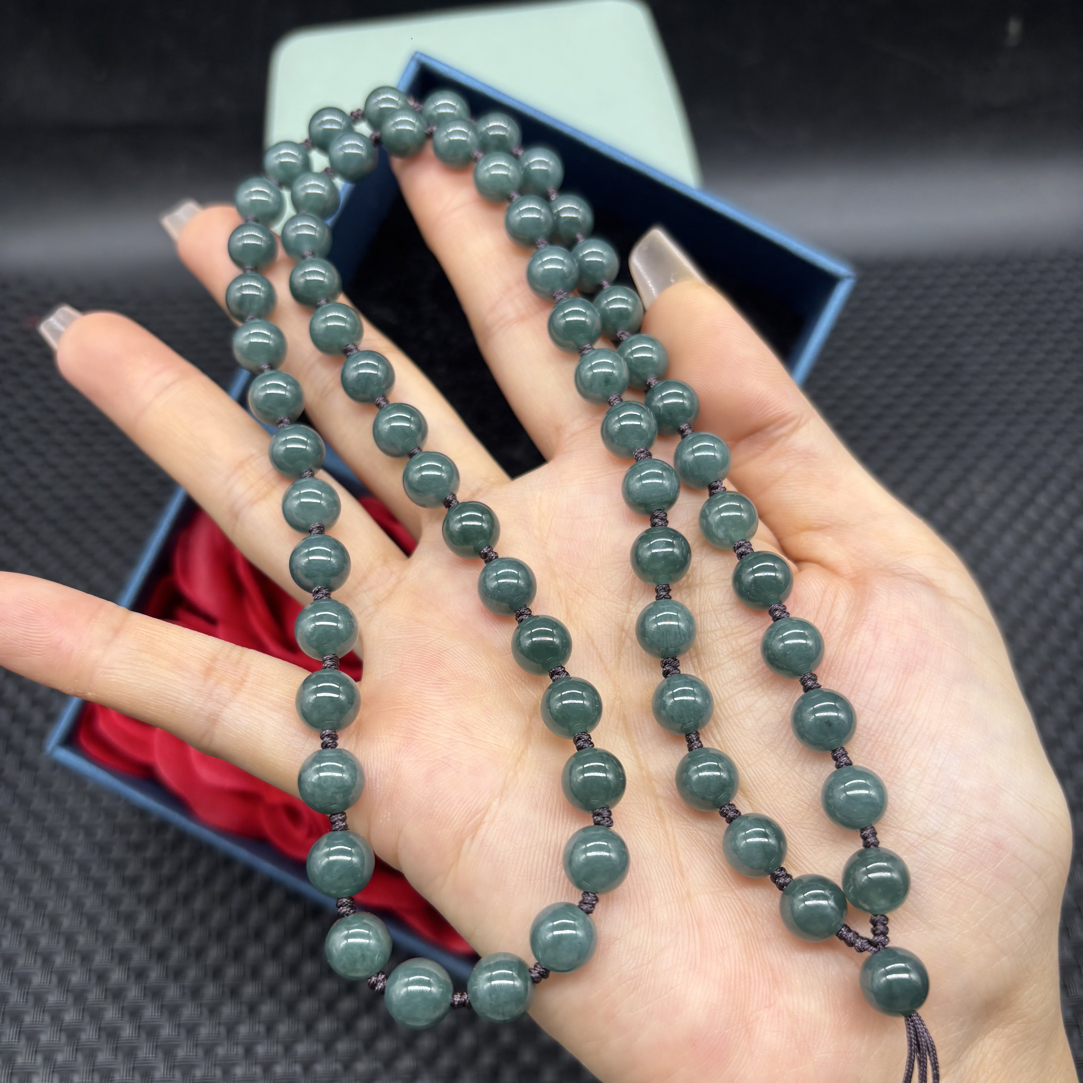 福利天然缅甸A货翡翠蓝水圆珠8mm玉石挂件绳毛衣链项链珠链百搭款