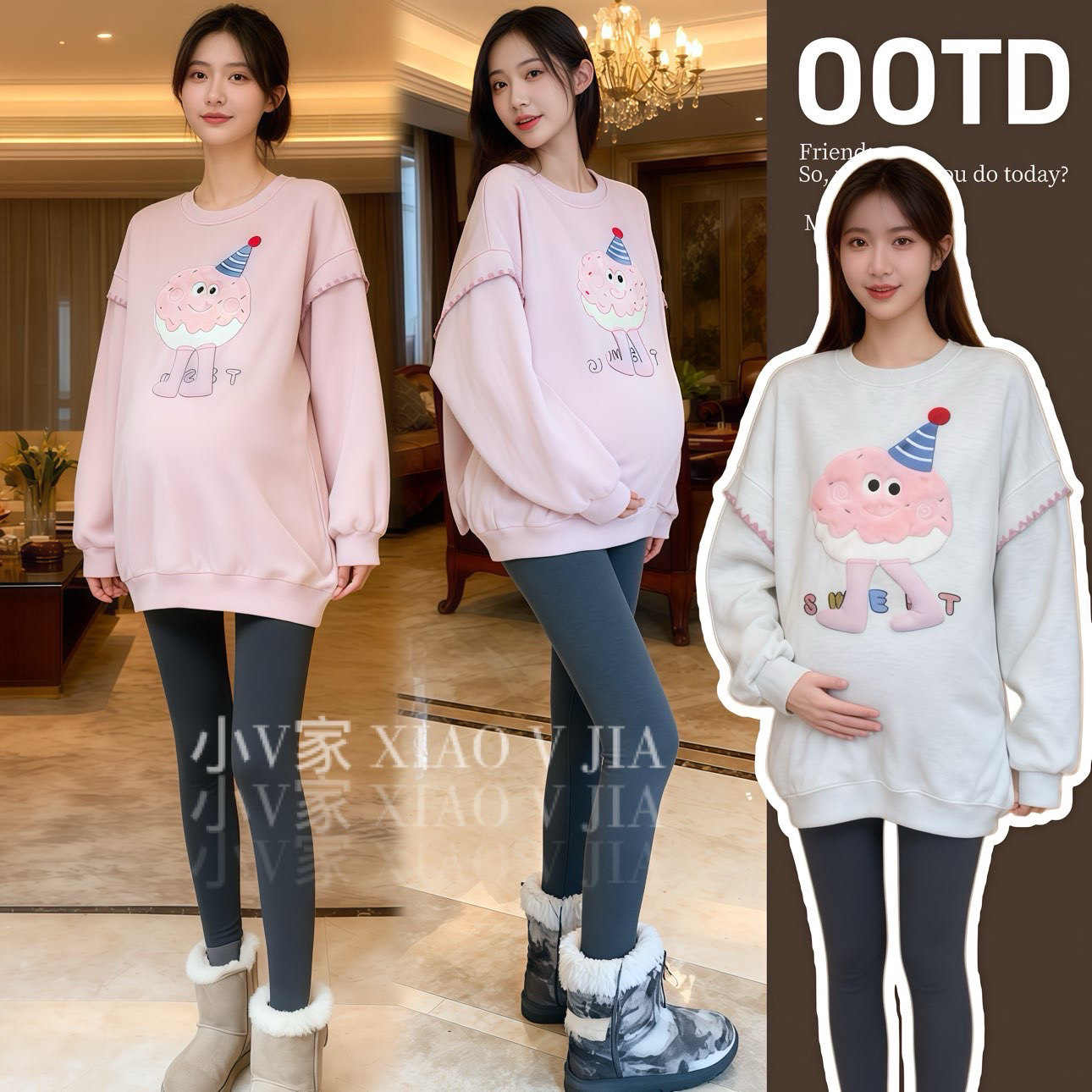 R1404#10.26 孕妇圆领宽松休闲刺绣冬季加绒加厚卫衣女