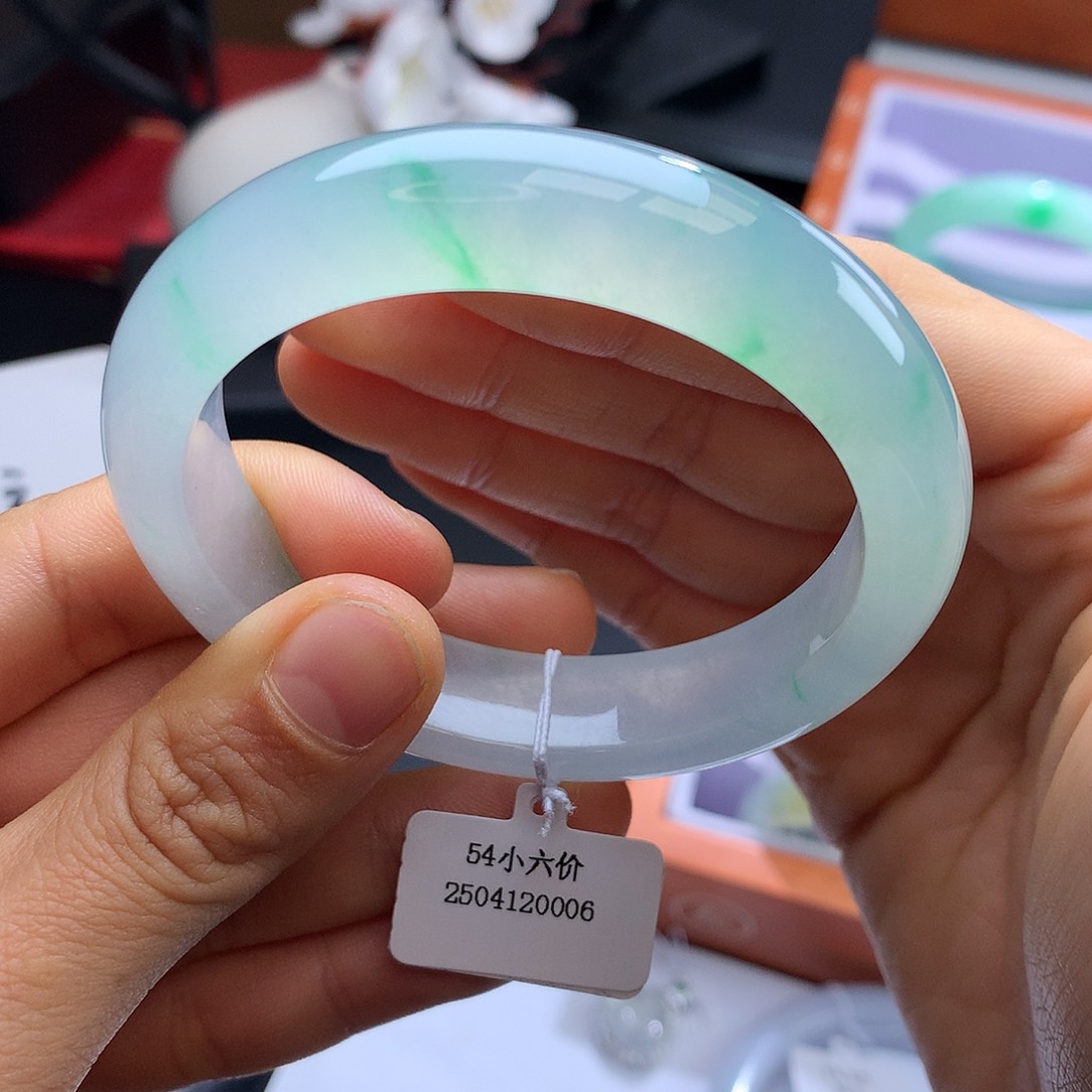 未镶嵌手镯翡翠54冰阳金丝绿正圈