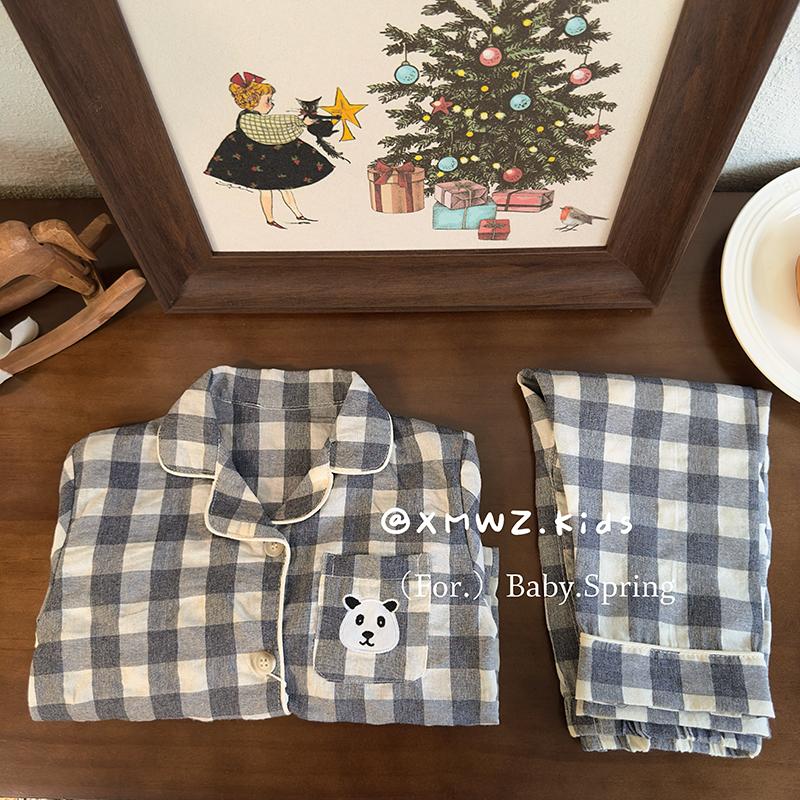 W春夏2025新款男童格子家居服套装宝宝韩系全棉舒适睡衣两件套