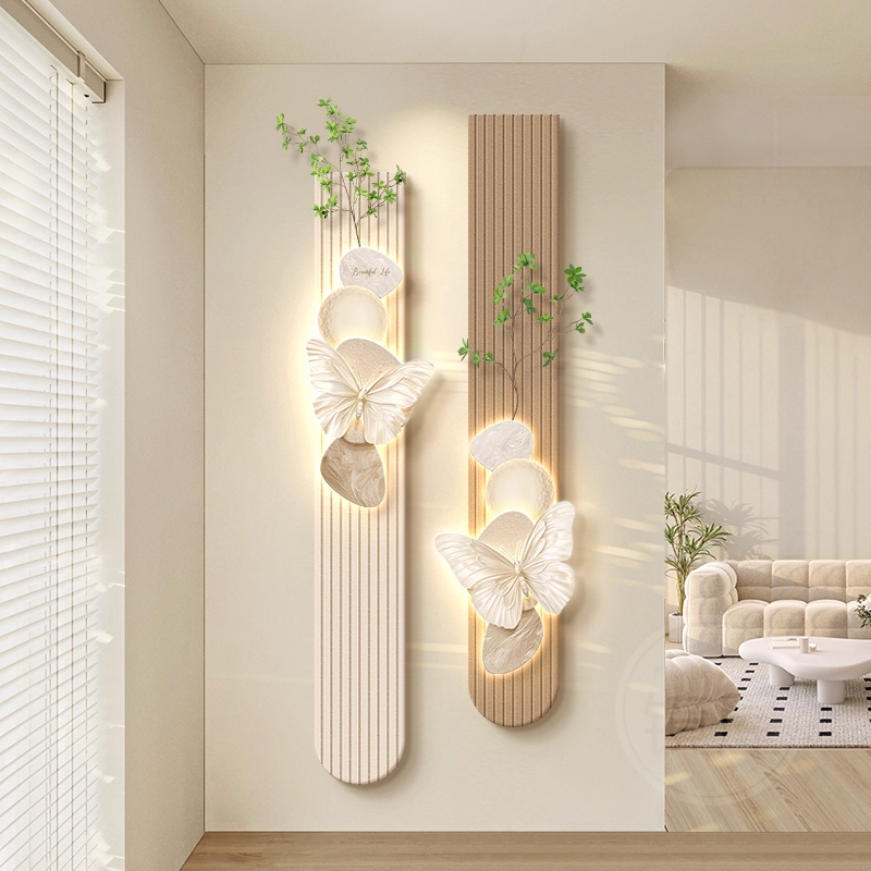 入户门正对墙蝴蝶玄关装饰画法式奶油风走廊过道挂画细长条壁灯画