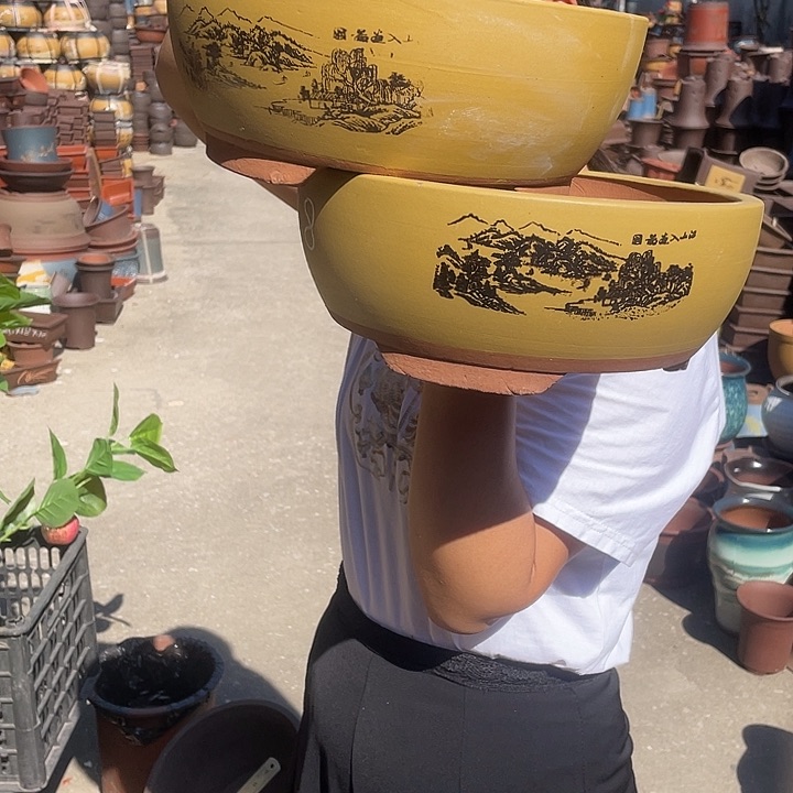 黄色江山如画小一对花盆紫砂花盆紫砂