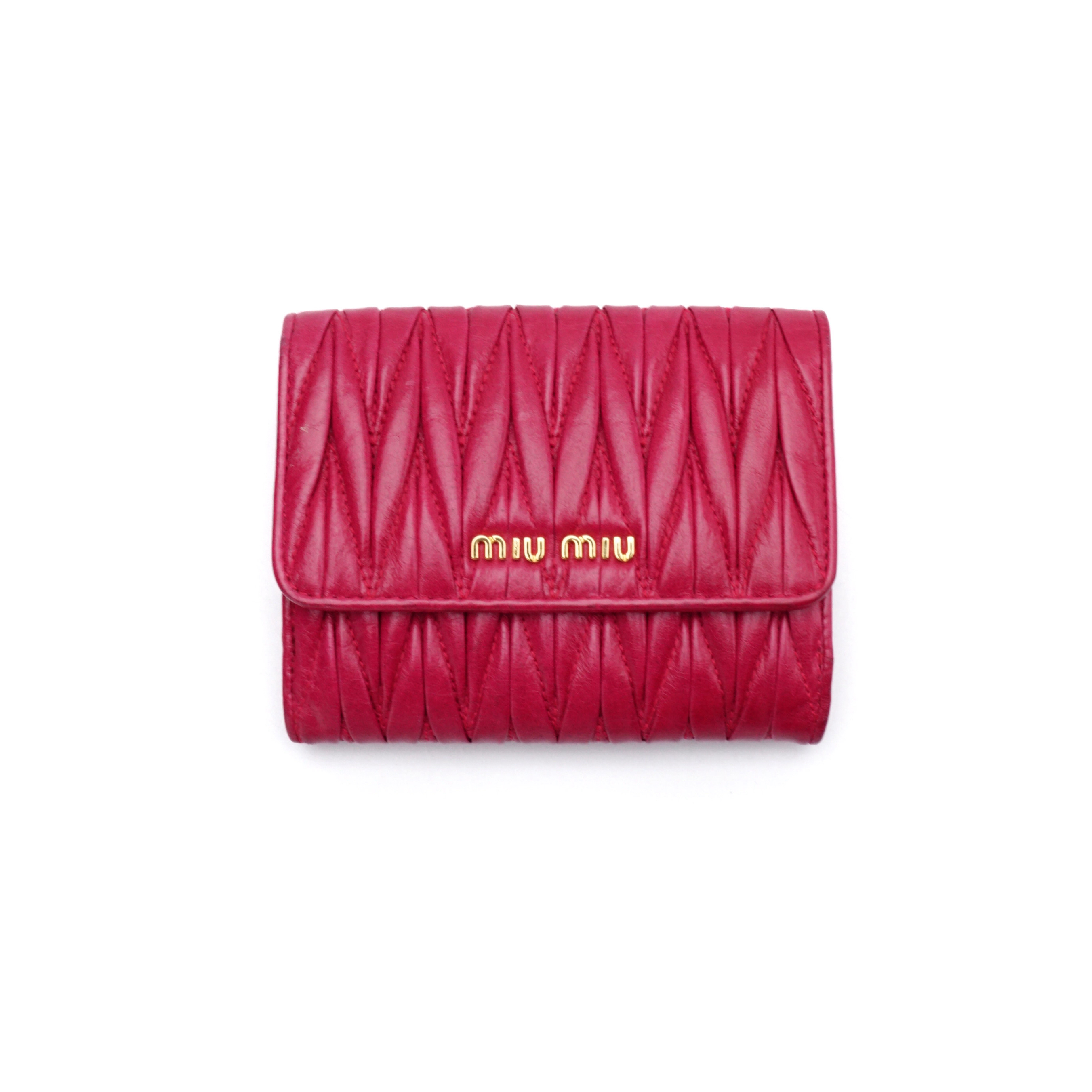 95新 MIU MIU/缪缪 miumiu玫红色褶皱钱包 8294
