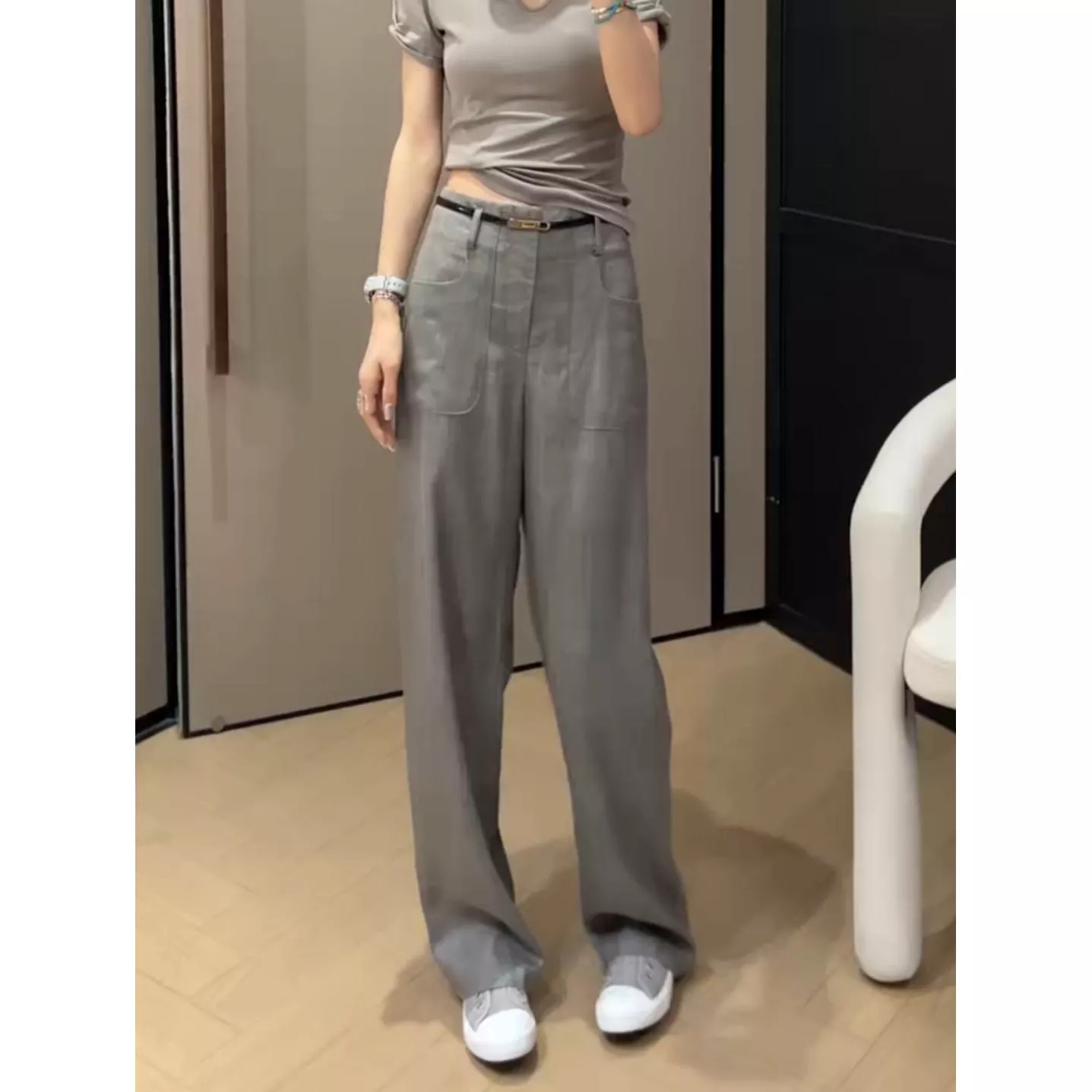 Aimeerosa/艾洛莎宽松显瘦拖地裤高腰薄款时髦百搭窄版直筒休闲裤