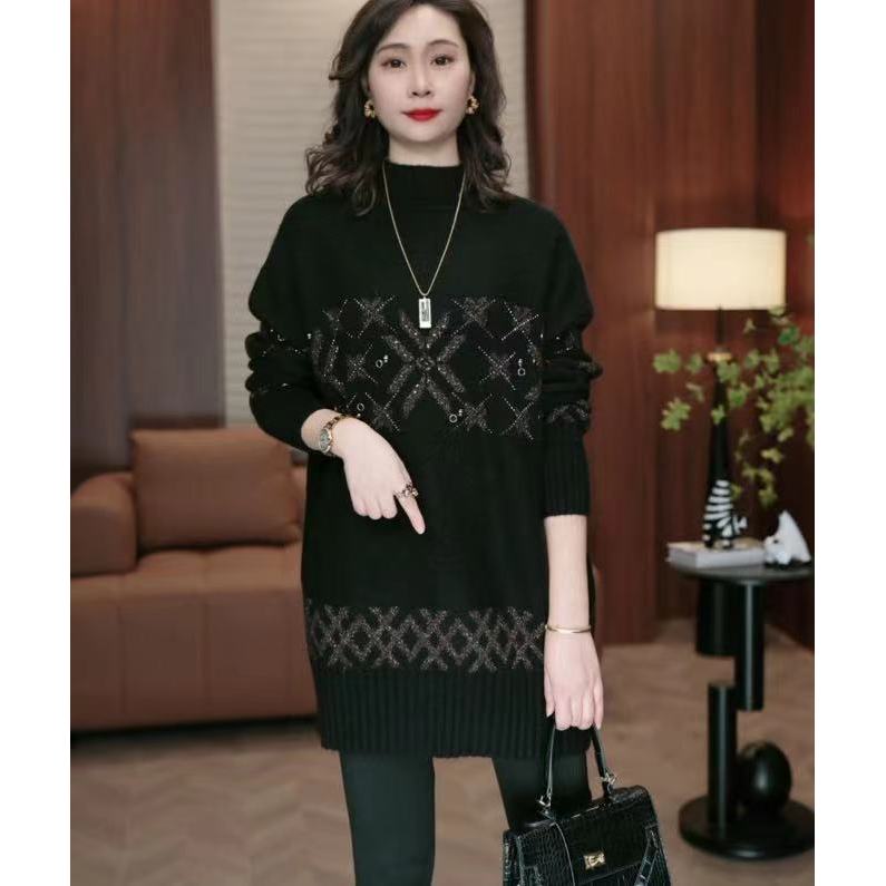 重工烫钻半高领毛衣女秋冬2024新款中长款大码休闲半高领外穿2832