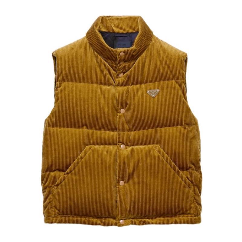 未使用 Prada/普拉达 灯芯绒三角徽标单排扣羽绒马甲