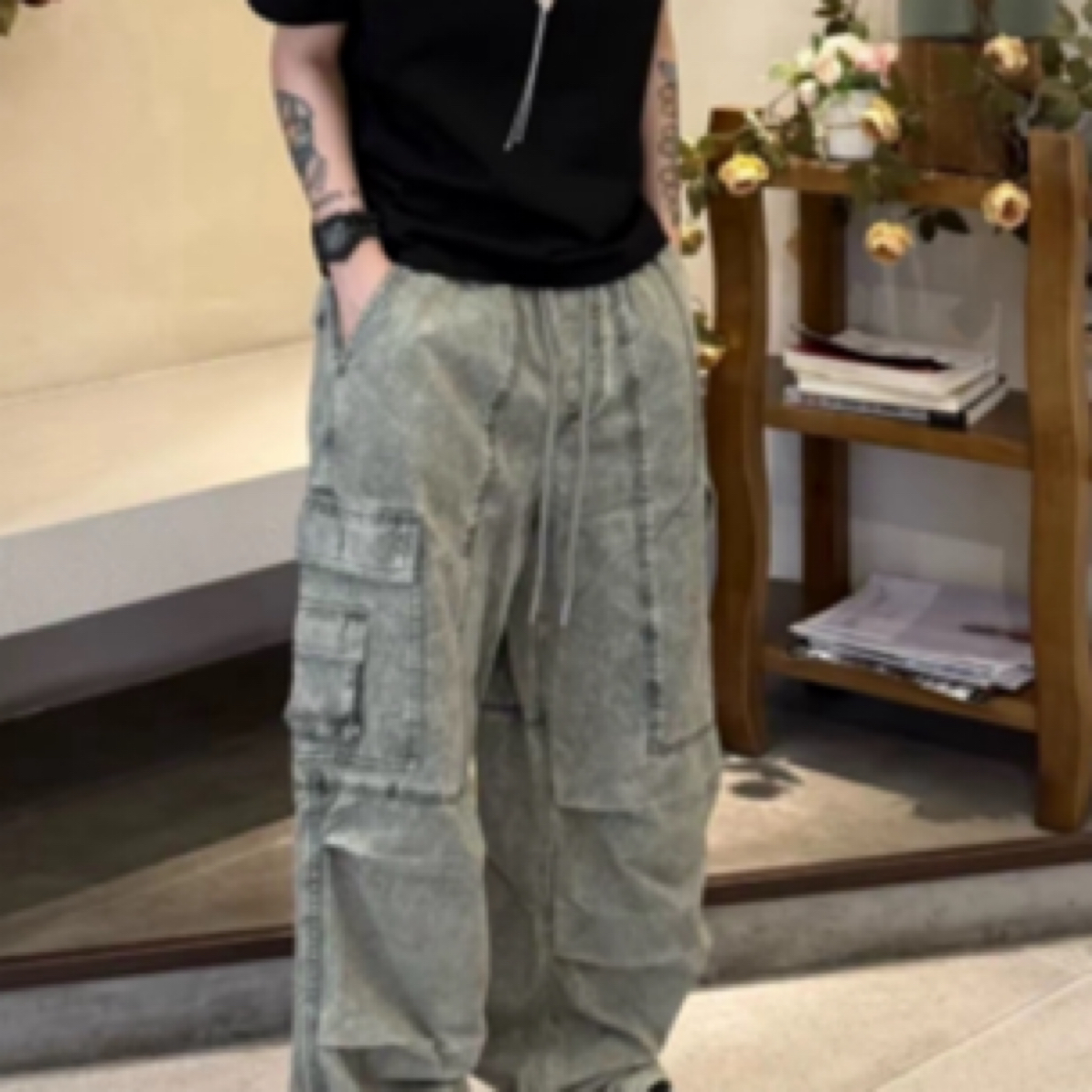 BONE水洗工装裤口袋复古做旧休闲裤长裤时尚流浪丹宁风9798-A2-12