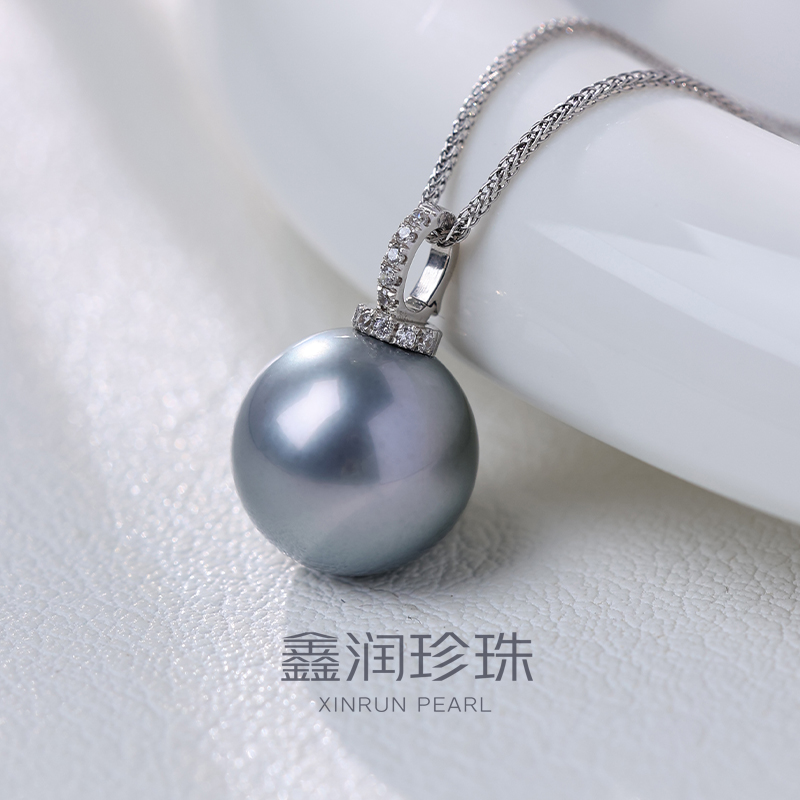 海水大溪地铂金灰珍珠吊坠12-13-14mm18K金气质奶瓶扣送女友礼物
