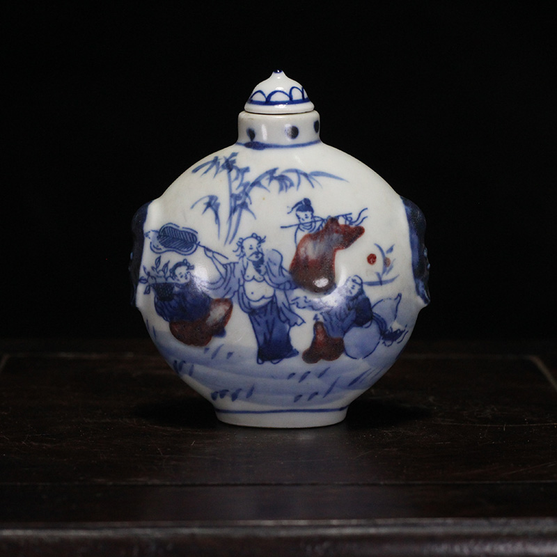 古玩瓷器手绘青花釉里红八仙图做工品相完好鼻烟壶收藏手把件摆件