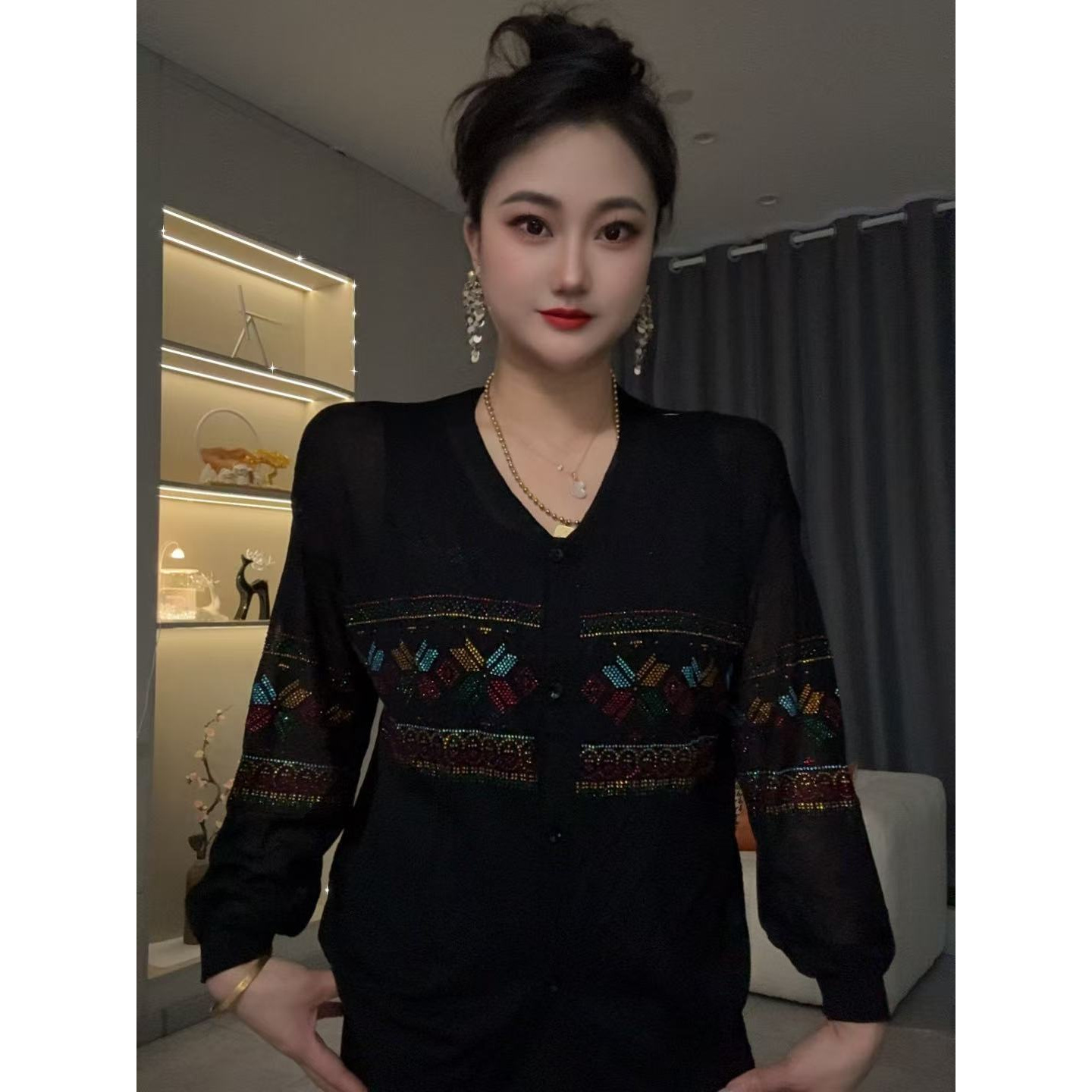 民族风开衫烫钻欧货显瘦百搭上衣休闲打底衫