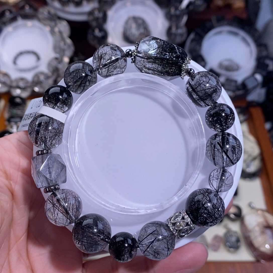 水晶未镶嵌手链12mm设计款蓝兔毛全透体满发蕾丝