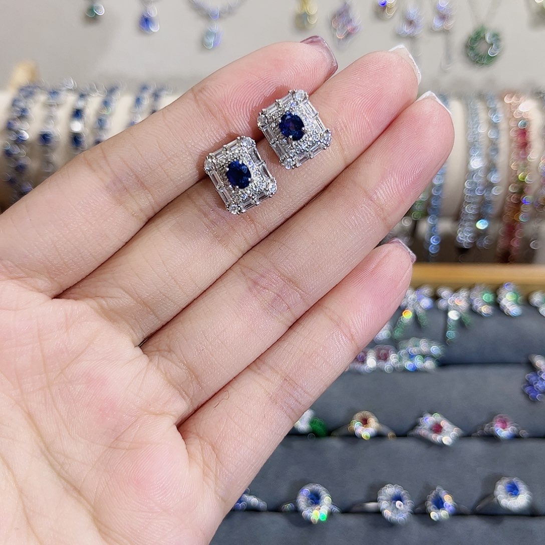 蓝宝石耳饰银S925镶嵌