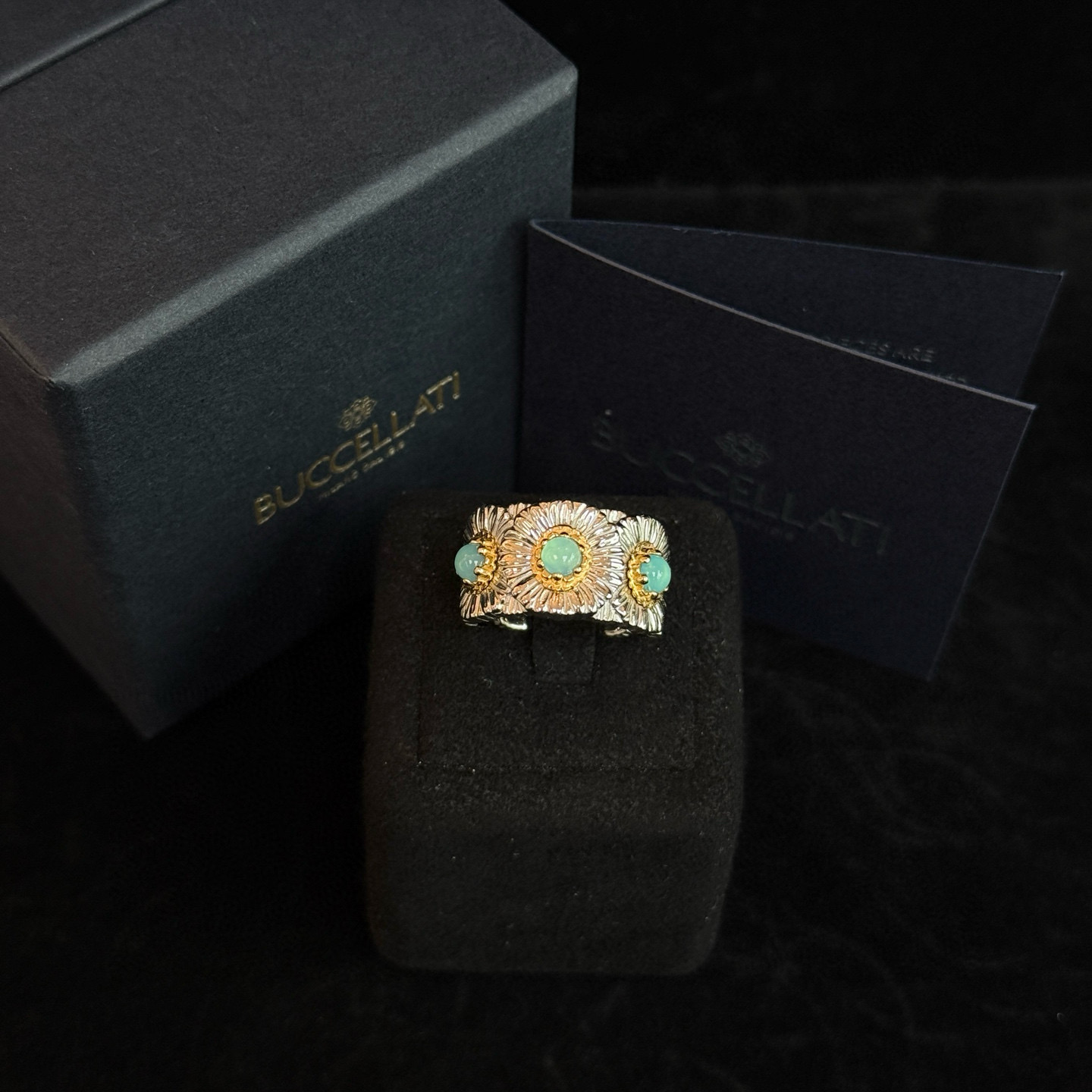 99新  BUCCELLATI/布契拉提56码银色小雏菊蓝玛瑙戒指 11528