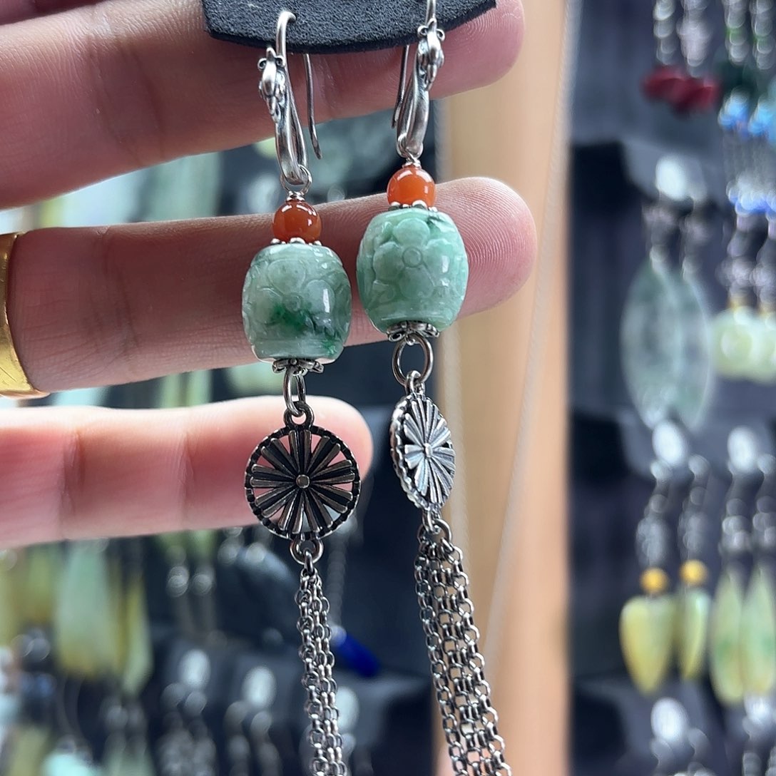 翡翠耳饰银S925镶嵌燃*