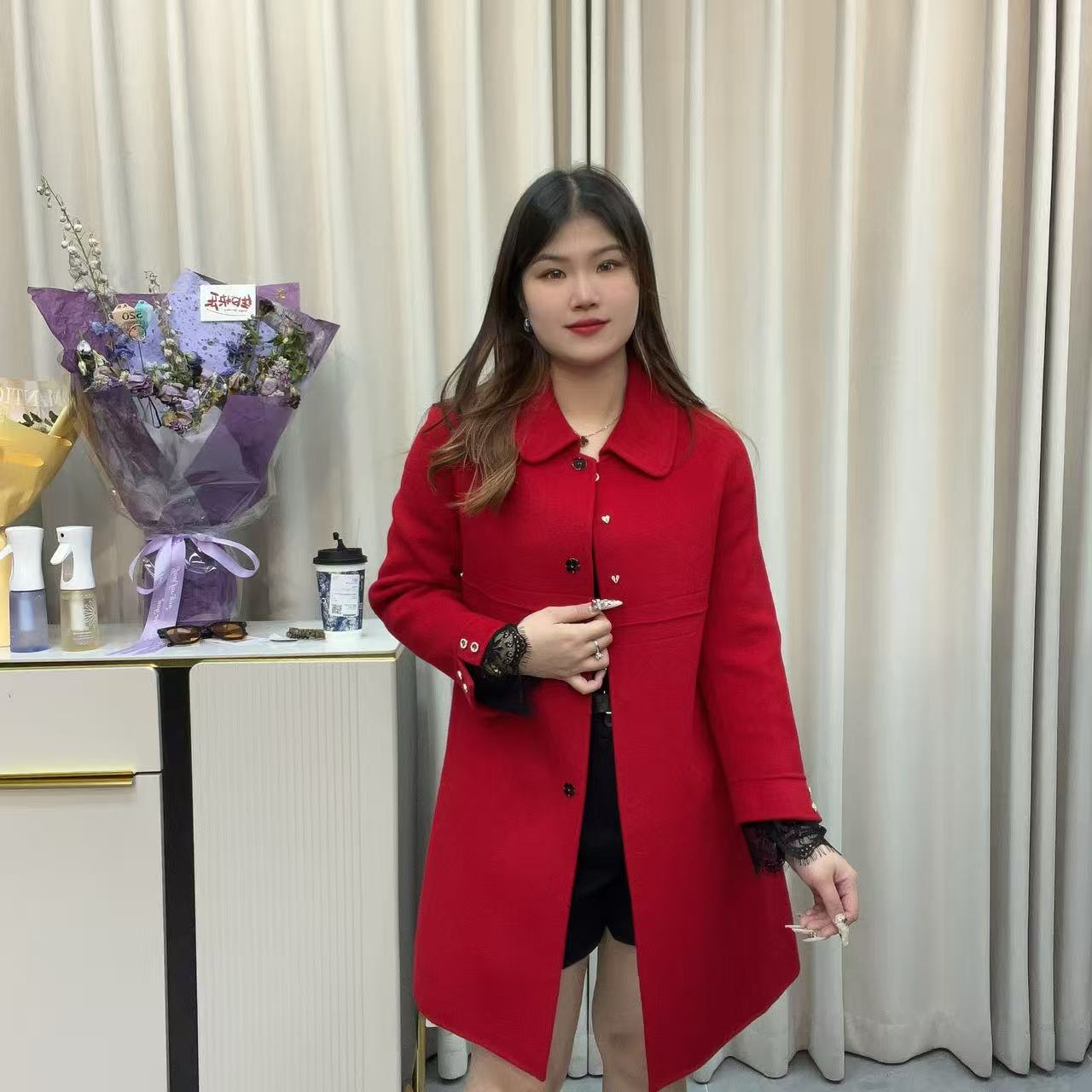 小鑫肝@南韩高货现货蕾丝提花拼接修身气质双面羊毛大衣 6609