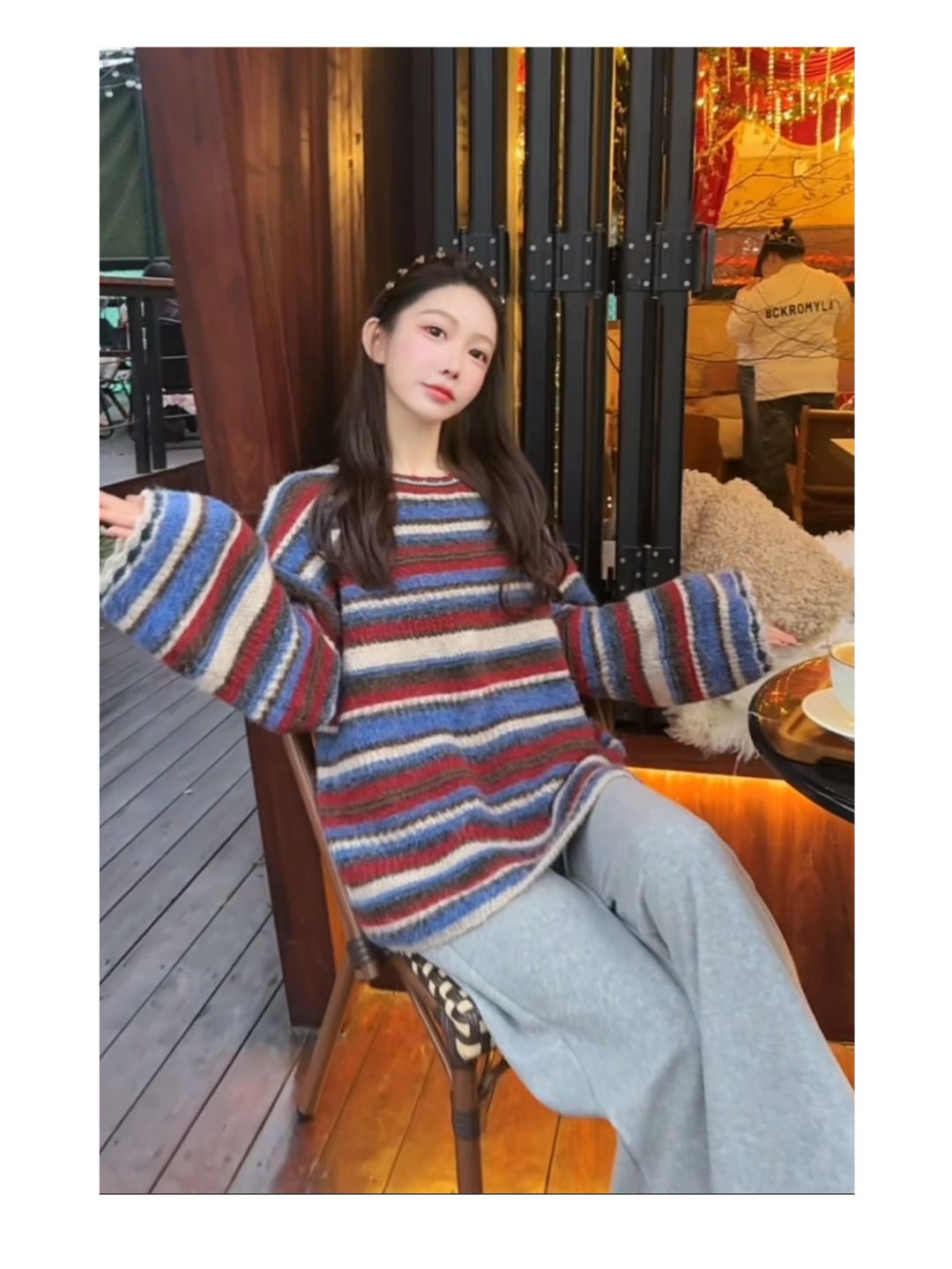 圣诞系列 条纹撞色设计感针织毛衣百搭圆领复古慵懒风D969