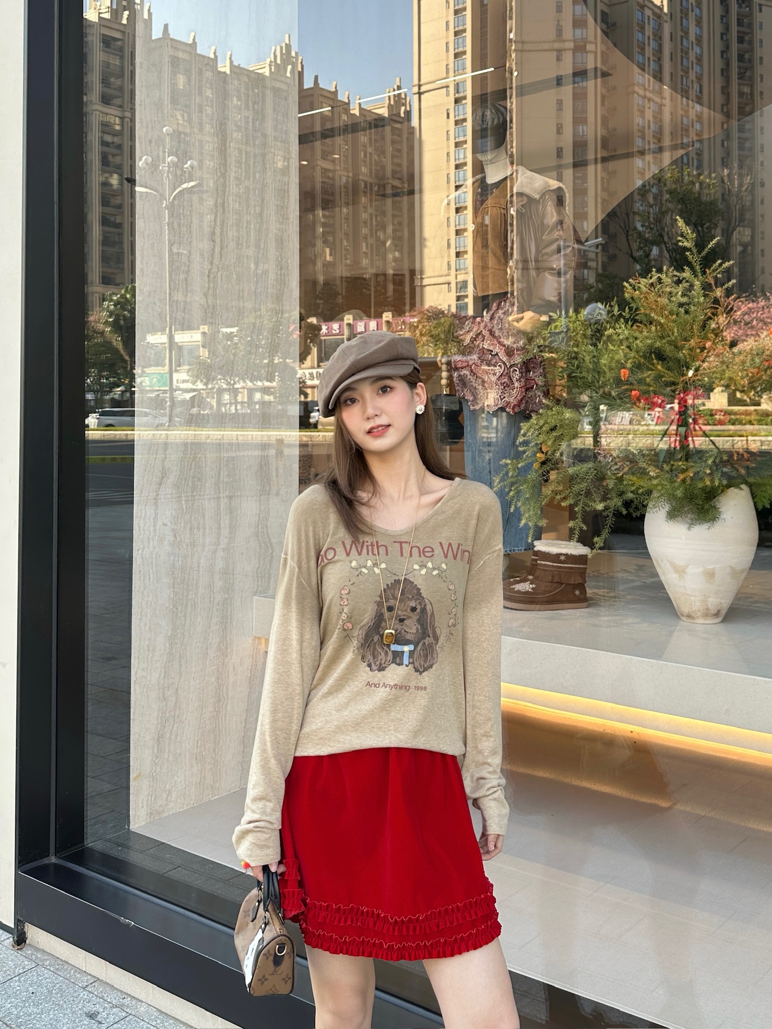 AndAnything 设计师品牌小众新款长毛可卡布狗的印花V领喷色收腰T