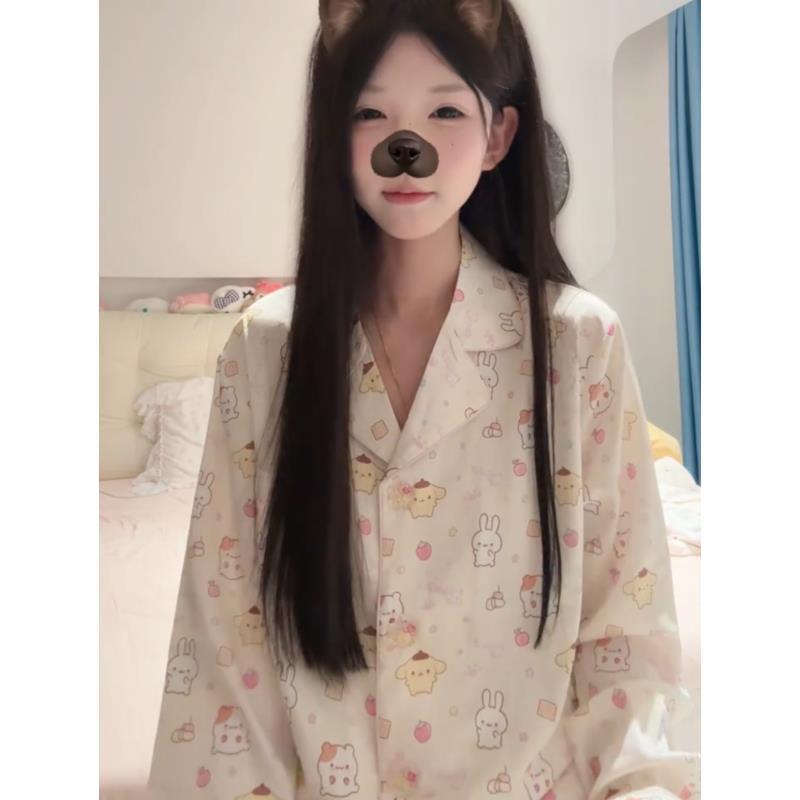 可爱布丁狗睡衣女秋季长袖长裤套装ins甜美卡通少女家居服可外穿