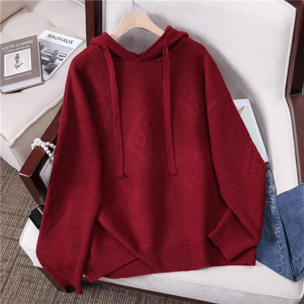 清-汤圆吖暗红色菱形慵懒风套头连帽针织毛衣293223