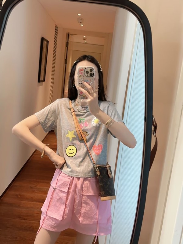 【张静芝】可爱小熊花朵爱心印花减龄百搭短袖T恤