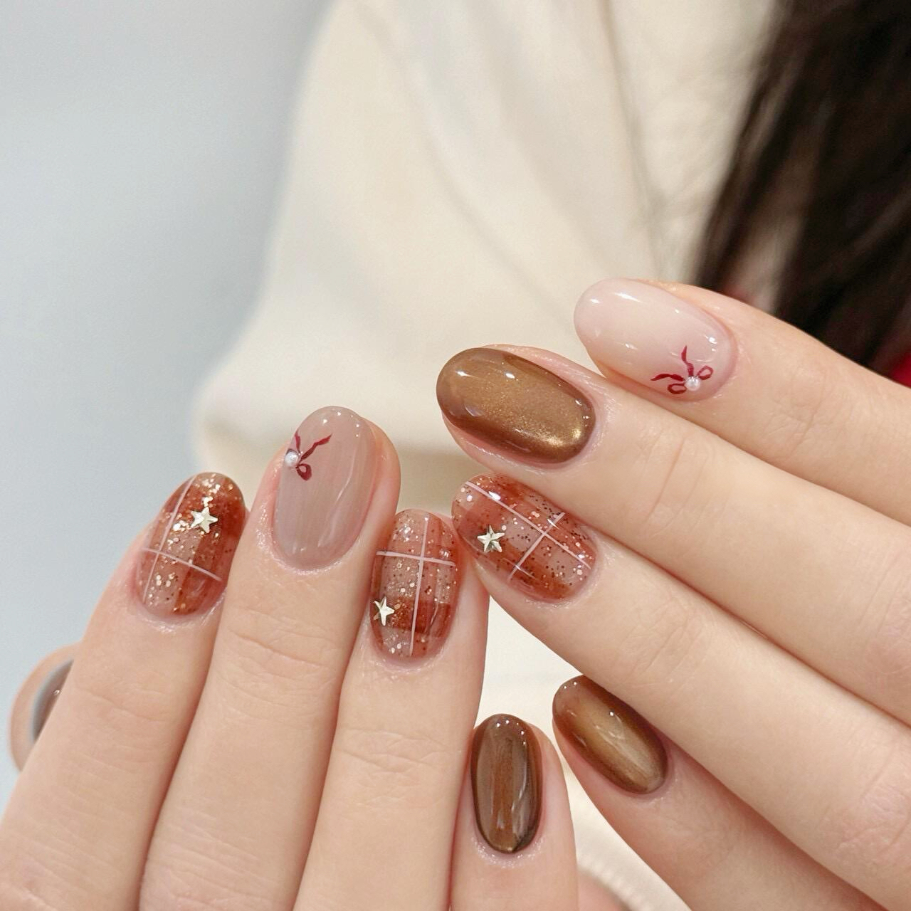 Nice SoSo【咖啡薄脆】纯手工穿戴甲纯欲手绘猫眼跳色渐变显白小众