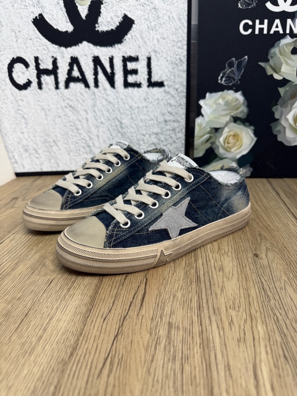 2025新款包头休闲水洗做旧星星脏脏鞋低跟帆布鞋圆头系带平底女鞋