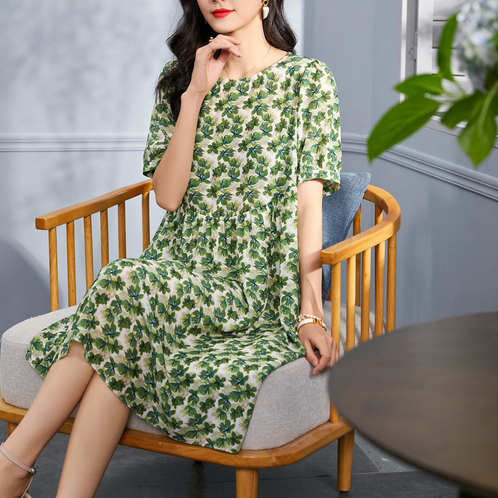 《雯雯心选》“绿野仙踪”真丝连衣裙气质时尚圆领甜美74098