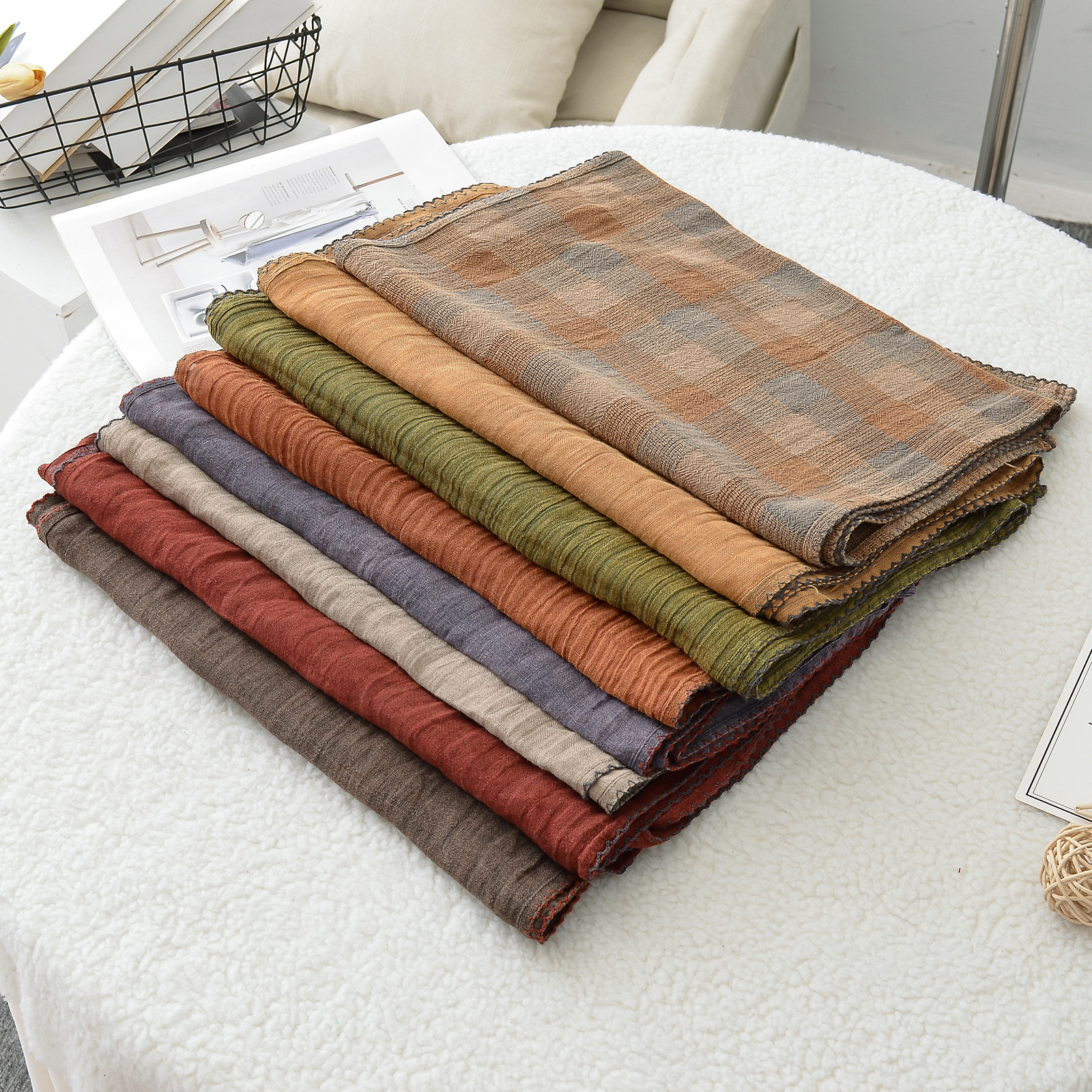 以之手工士林染特种花色织亚麻透气防晒披肩外搭夏季空调房围巾