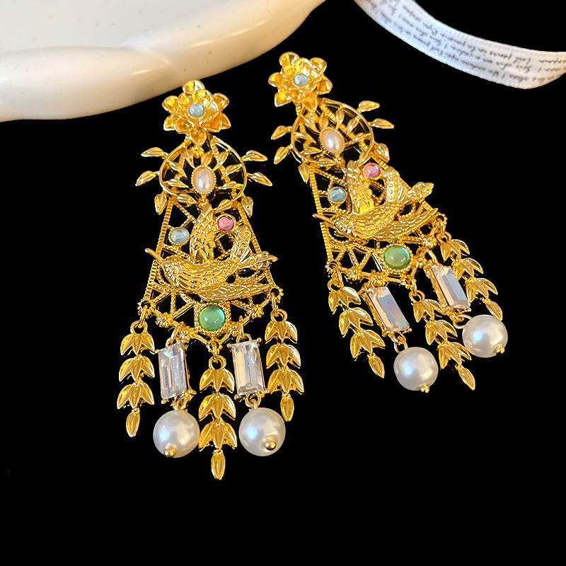 合金锆石耳饰 复古宫廷风穗穗平安耳环