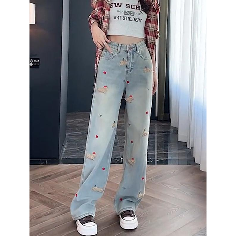 腊狗刺绣牛仔裤女秋冬加绒加厚高腰显瘦大码千金风松弛感阔腿裤子