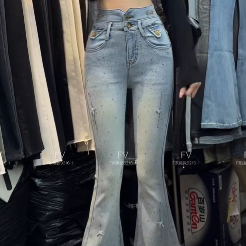 F家新款上新重工提臀高腰显瘦烫钻加绒喇叭裤