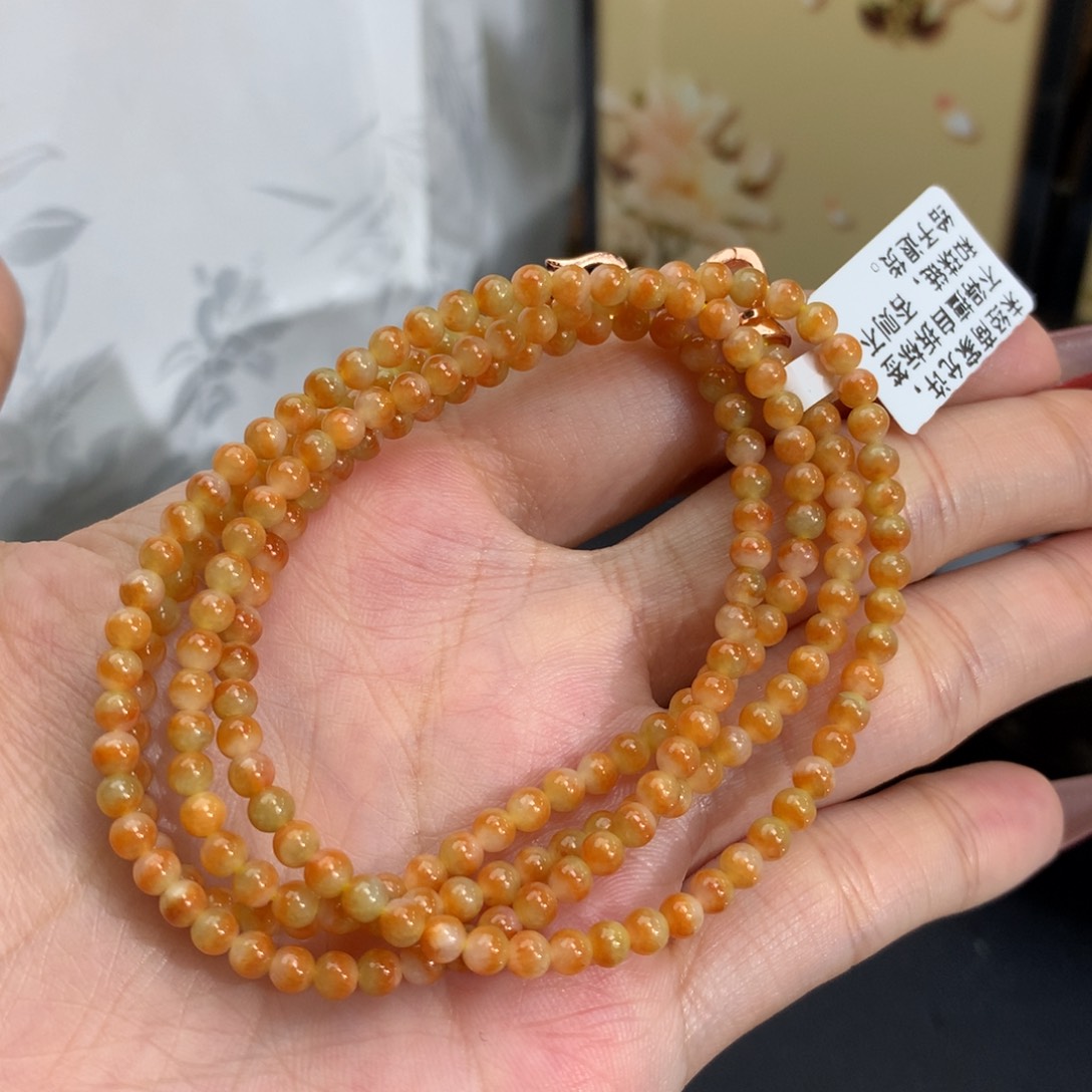 翡翠手链未镶嵌卡3.5胶润橘红鸳鸯小米项链