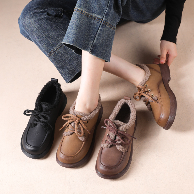 真皮软底女鞋平底加绒厚底百搭棉鞋女舒适防滑不累脚时尚乐福鞋女